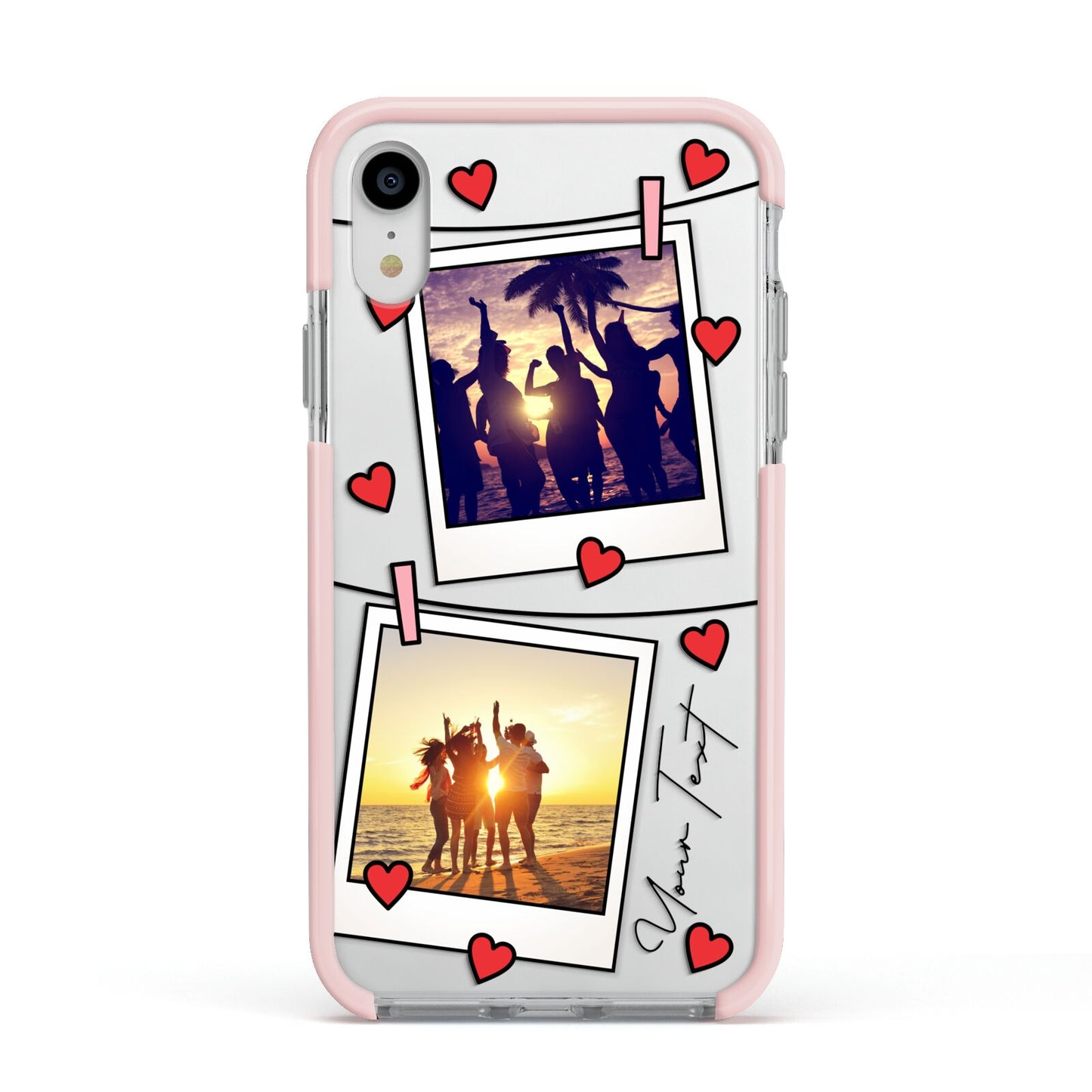 Hearts Photo Montage Upload with Text Apple iPhone XR Impact Case Pink Edge on Silver Phone