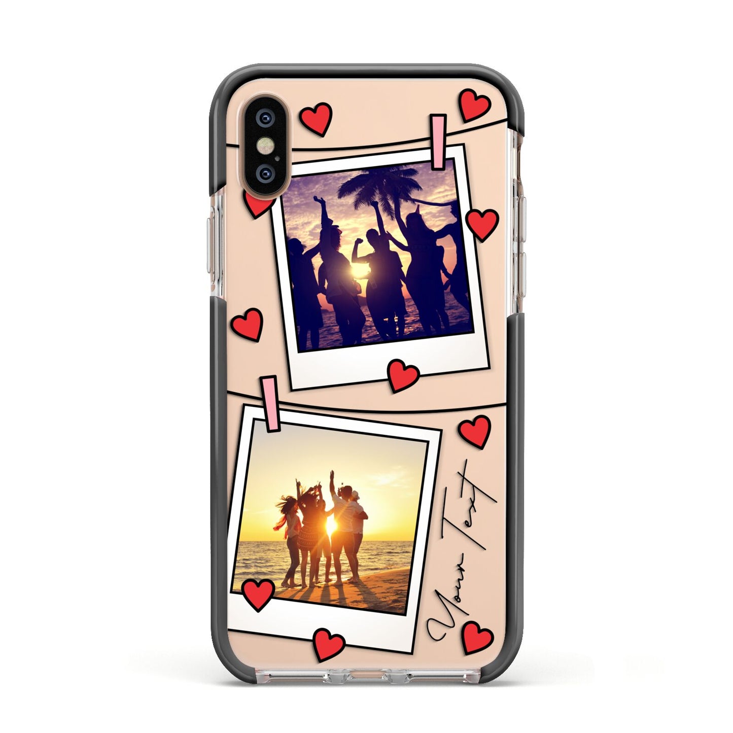 Hearts Photo Montage Upload with Text Apple iPhone Xs Impact Case Black Edge on Gold Phone
