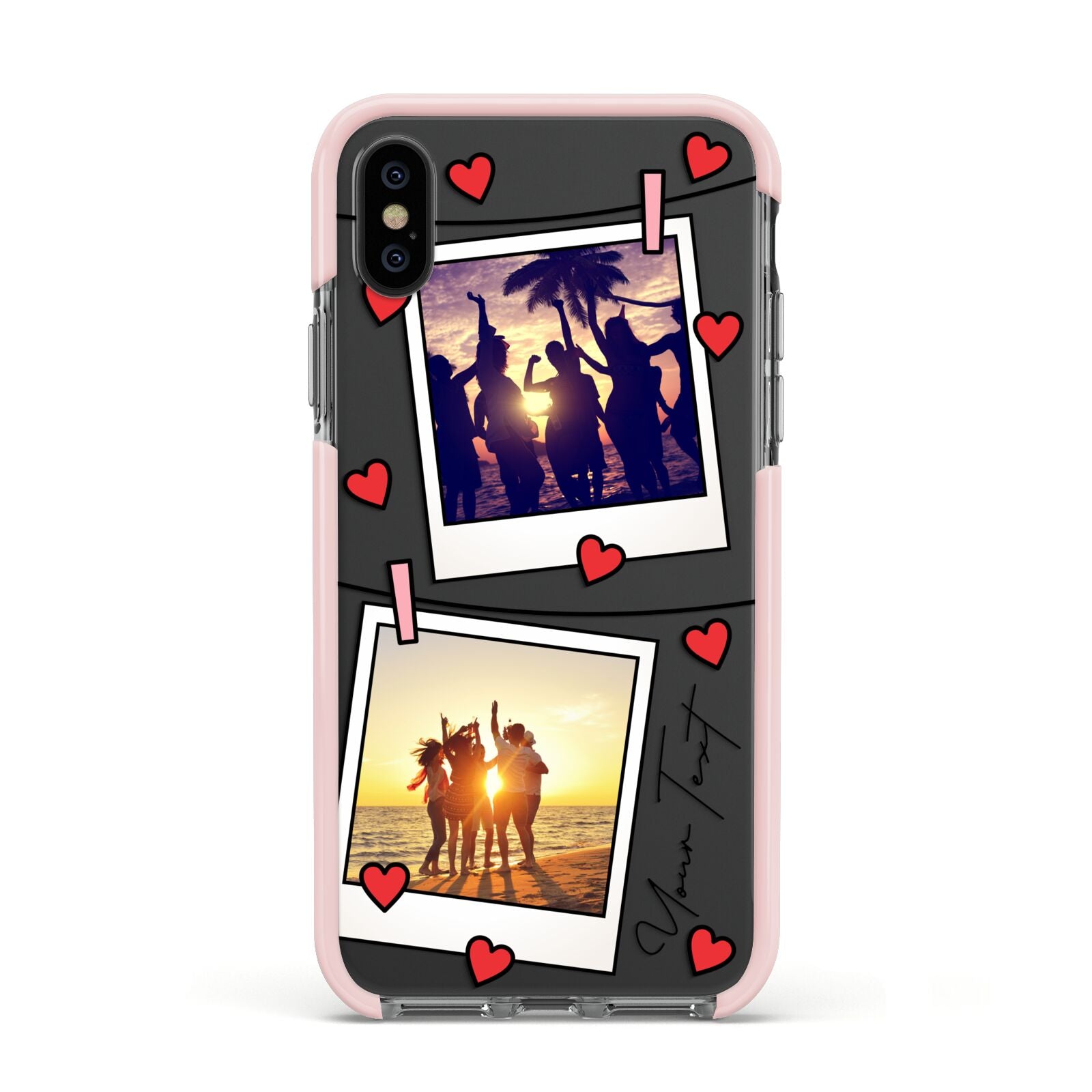 Hearts Photo Montage Upload with Text Apple iPhone Xs Impact Case Pink Edge on Black Phone