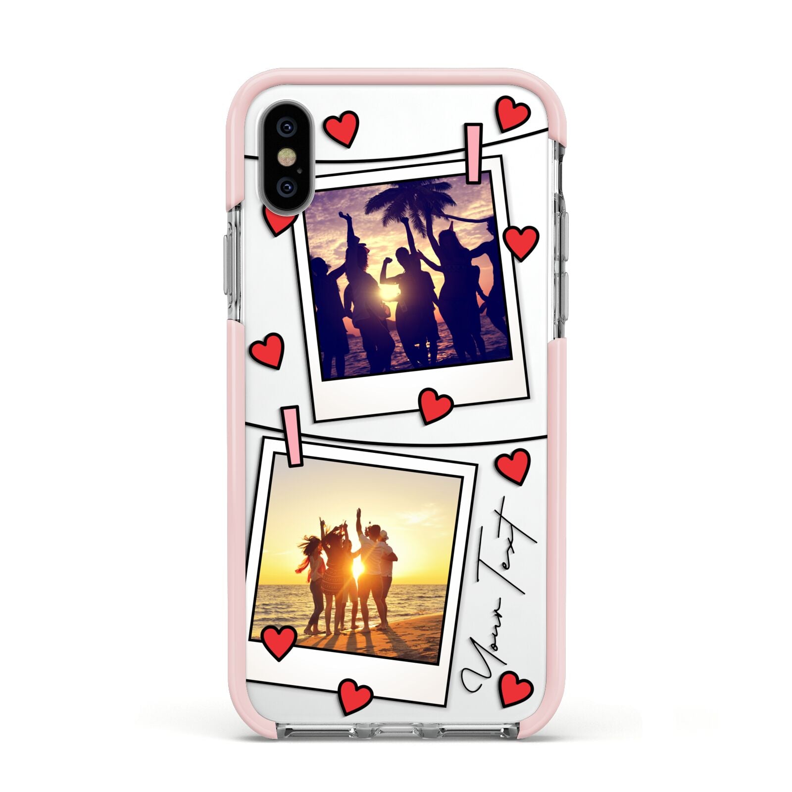 Hearts Photo Montage Upload with Text Apple iPhone Xs Impact Case Pink Edge on Silver Phone