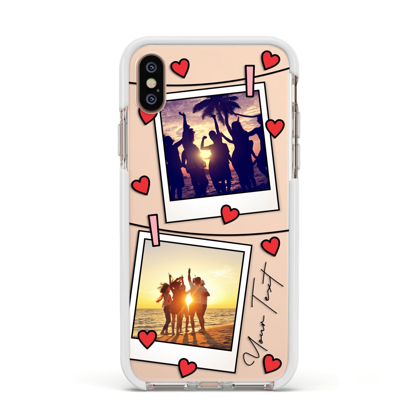 Hearts Photo Montage Upload with Text Apple iPhone Xs Impact Case White Edge on Gold Phone