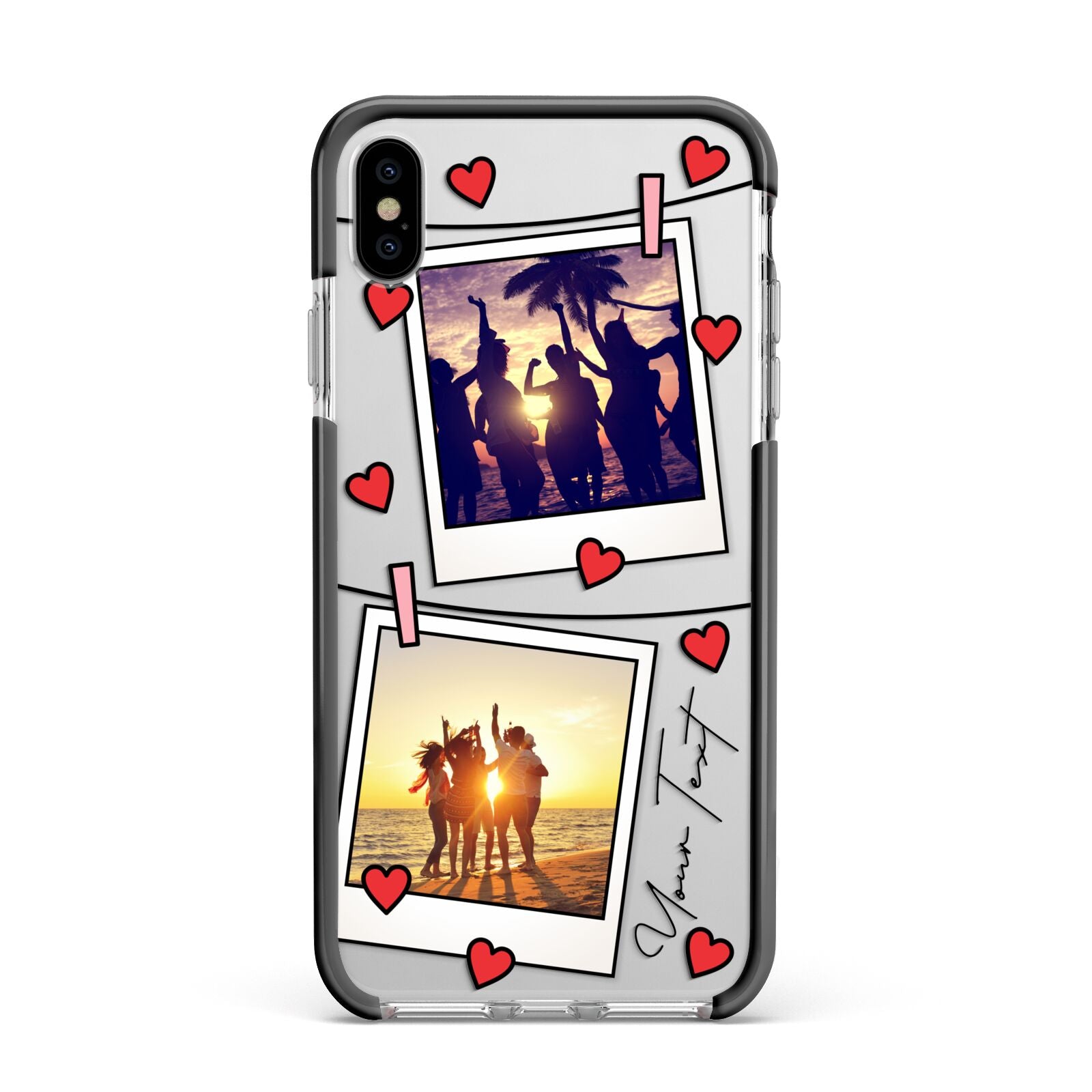 Hearts Photo Montage Upload with Text Apple iPhone Xs Max Impact Case Black Edge on Silver Phone