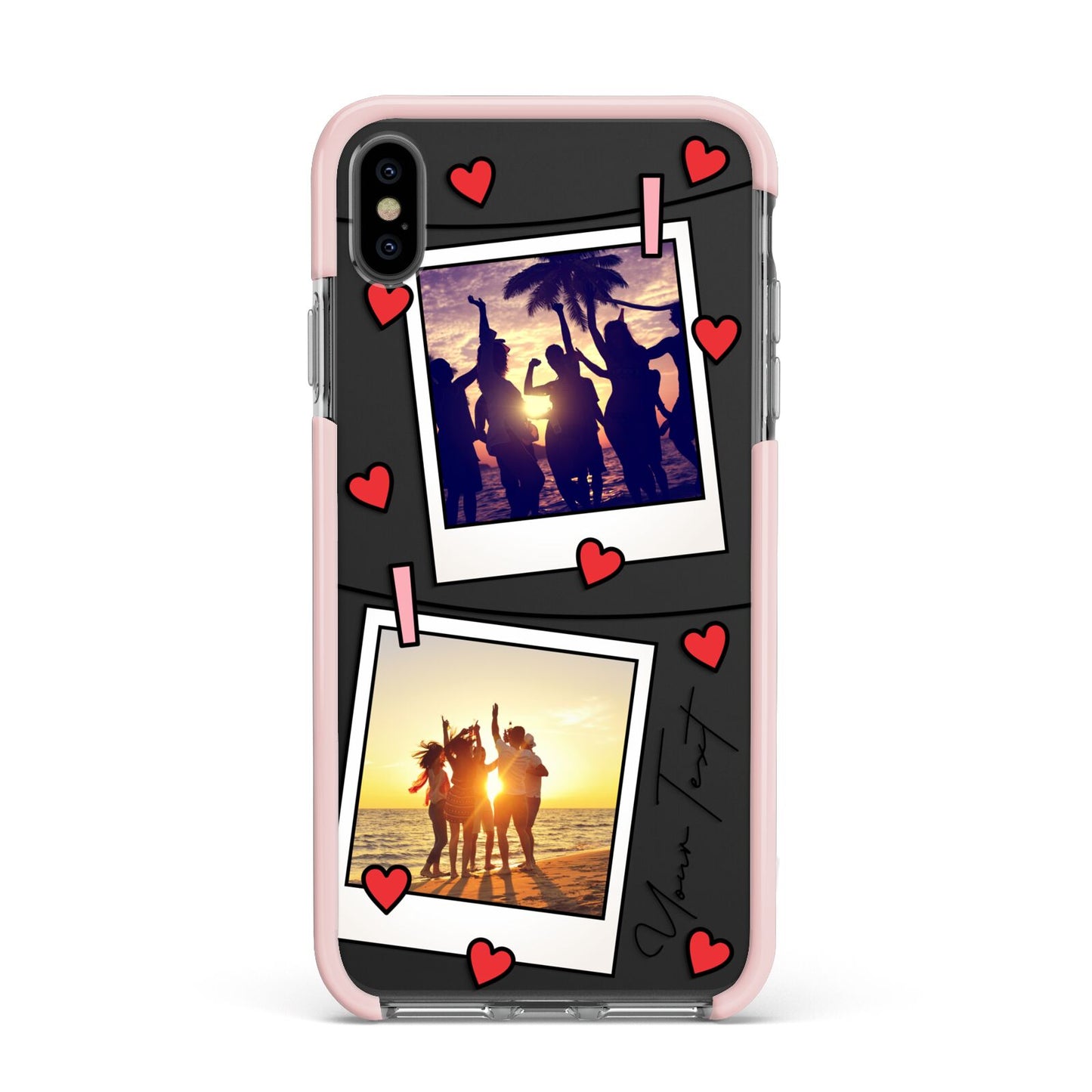Hearts Photo Montage Upload with Text Apple iPhone Xs Max Impact Case Pink Edge on Black Phone