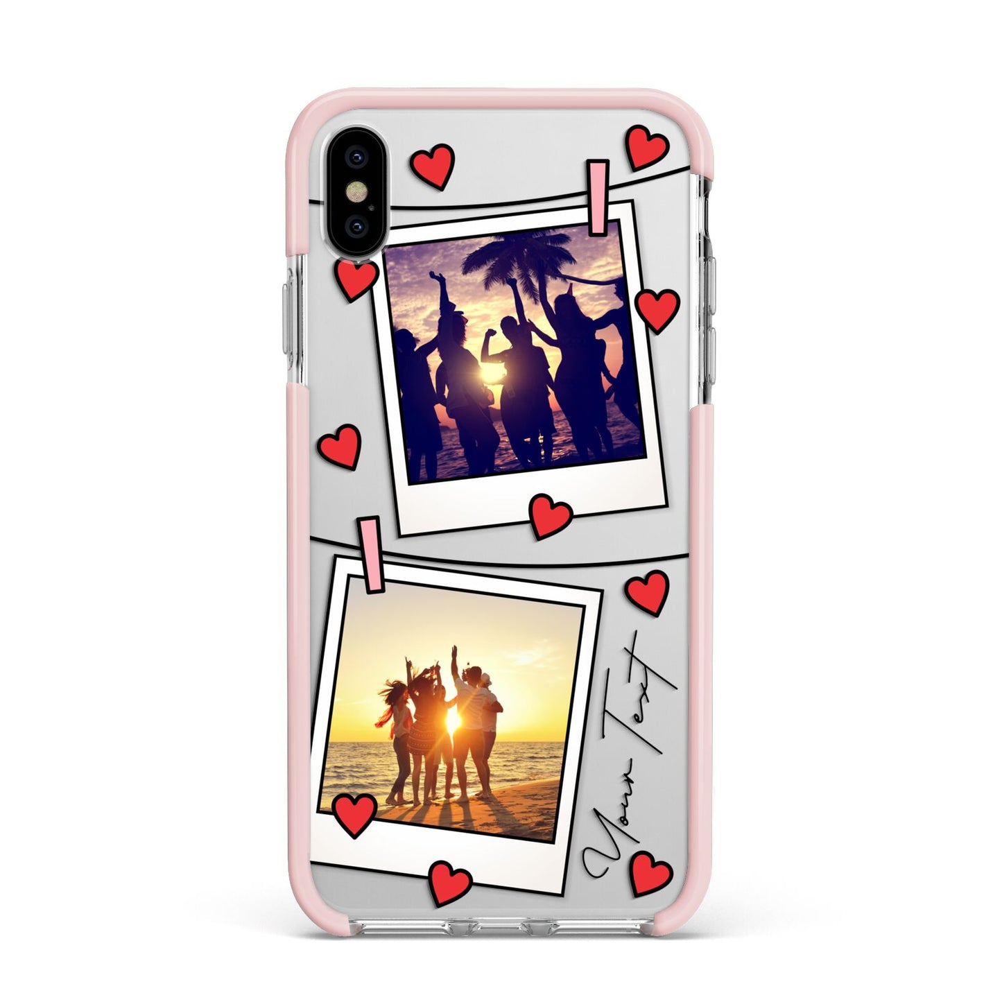 Hearts Photo Montage Upload with Text Apple iPhone Xs Max Impact Case Pink Edge on Silver Phone