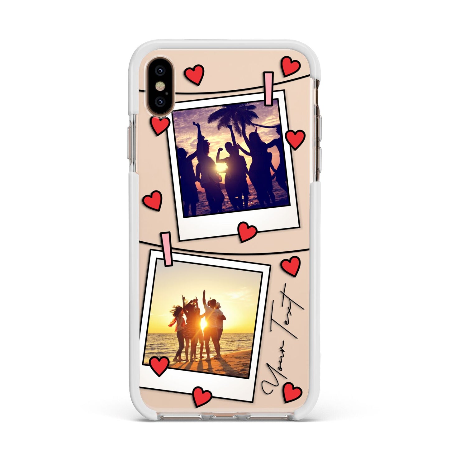 Hearts Photo Montage Upload with Text Apple iPhone Xs Max Impact Case White Edge on Gold Phone
