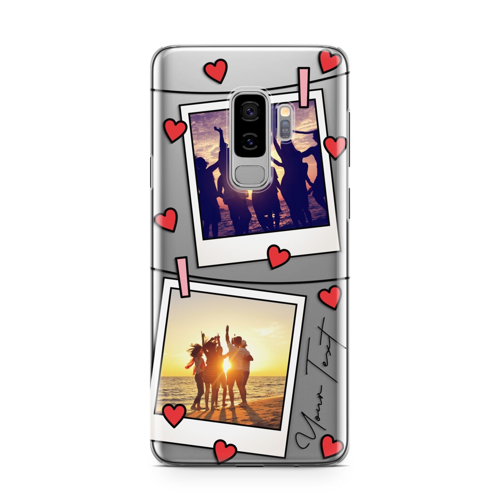 Hearts Photo Montage Upload with Text Samsung Galaxy S9 Plus Case on Silver phone