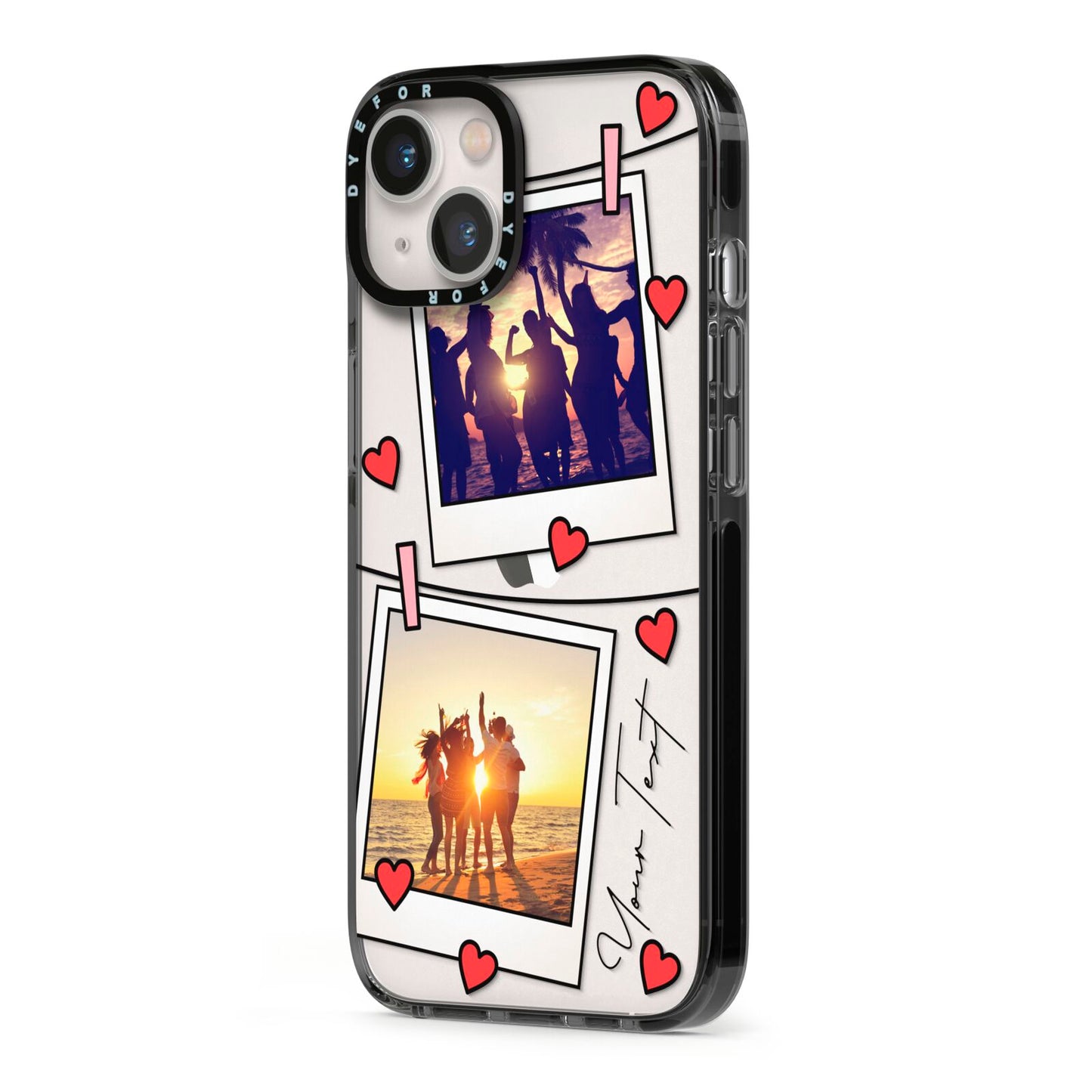 Hearts Photo Montage Upload with Text iPhone 13 Black Impact Case Side Angle on Silver phone