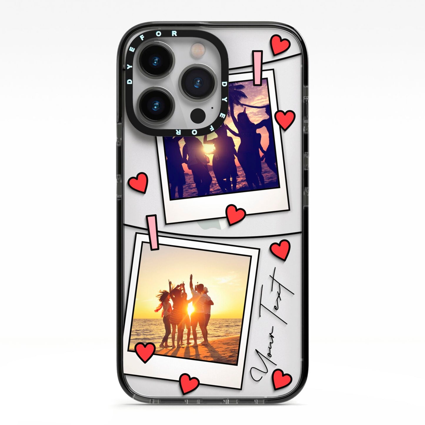 Hearts Photo Montage Upload with Text iPhone 13 Pro Black Impact Case on Silver phone
