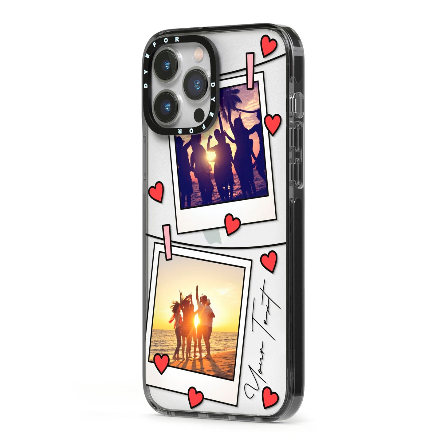 Hearts Photo Montage Upload with Text iPhone 13 Pro Max Black Impact Case Side Angle on Silver phone