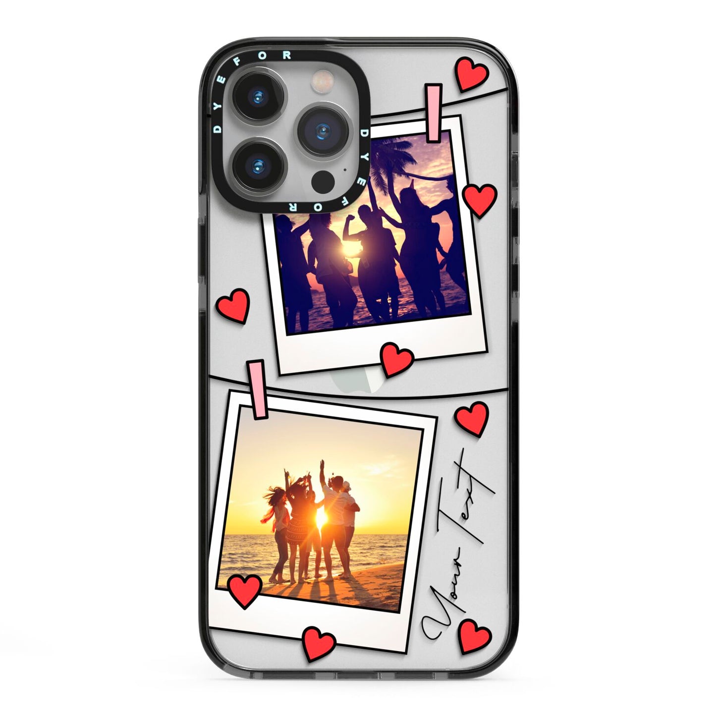 Hearts Photo Montage Upload with Text iPhone 13 Pro Max Black Impact Case on Silver phone