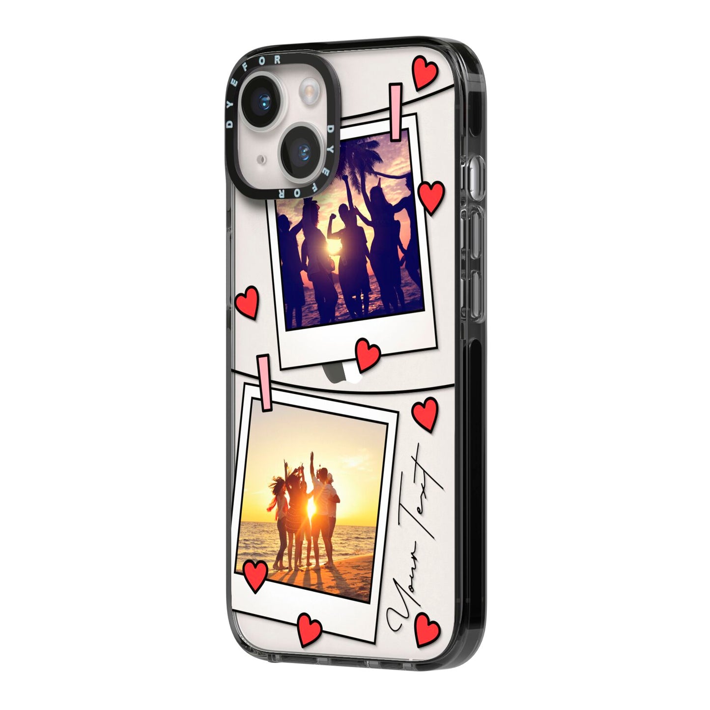 Hearts Photo Montage Upload with Text iPhone 14 Black Impact Case Side Angle on Silver phone