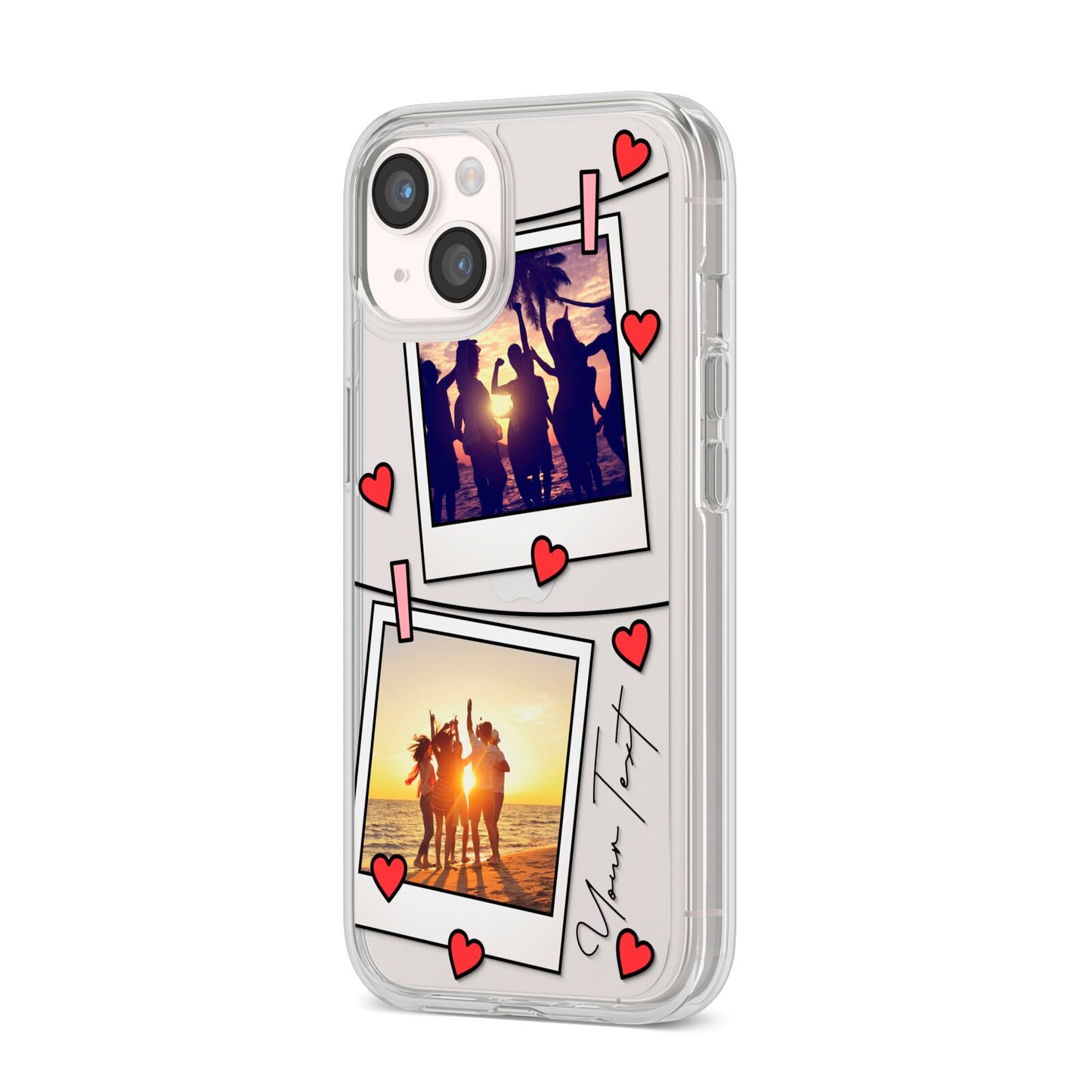 Hearts Photo Montage Upload with Text iPhone 14 Clear Tough Case Starlight Angled Image