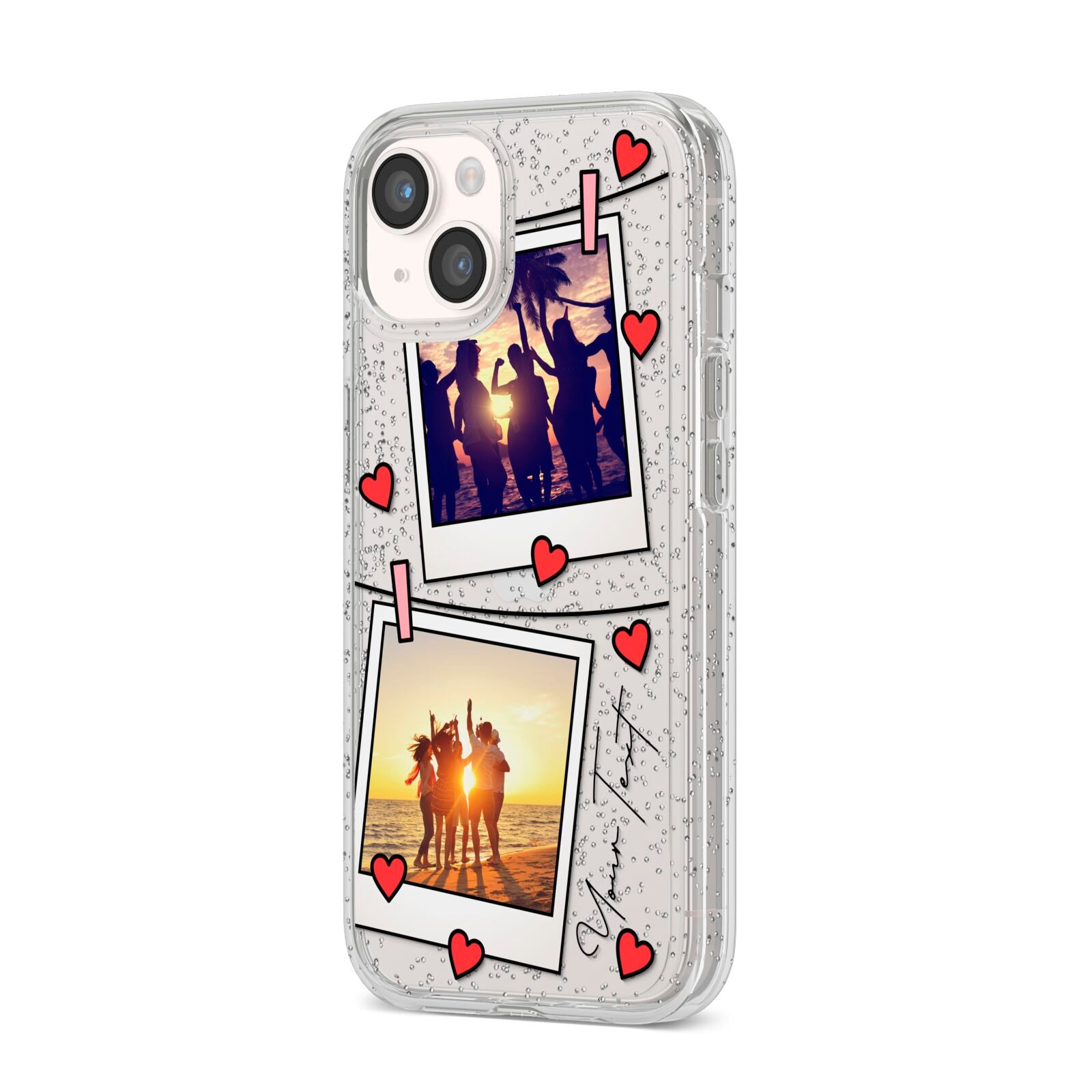 Hearts Photo Montage Upload with Text iPhone 14 Glitter Tough Case Starlight Angled Image