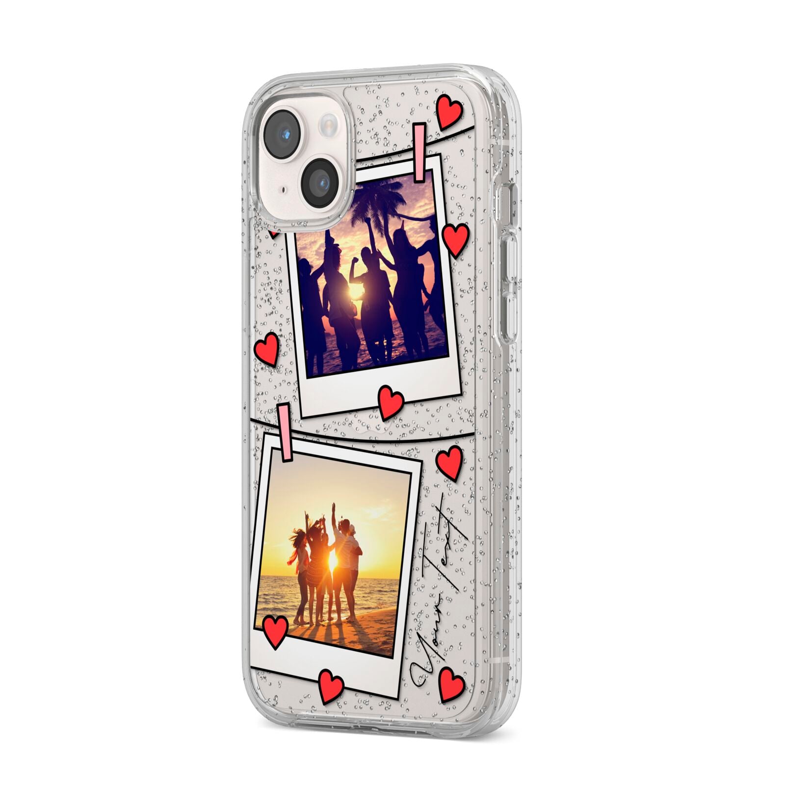Hearts Photo Montage Upload with Text iPhone 14 Plus Glitter Tough Case Starlight Angled Image