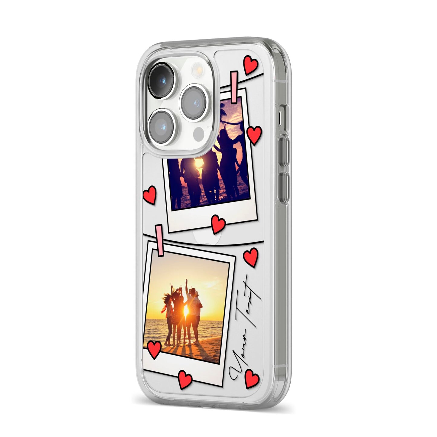 Hearts Photo Montage Upload with Text iPhone 14 Pro Clear Tough Case Silver Angled Image