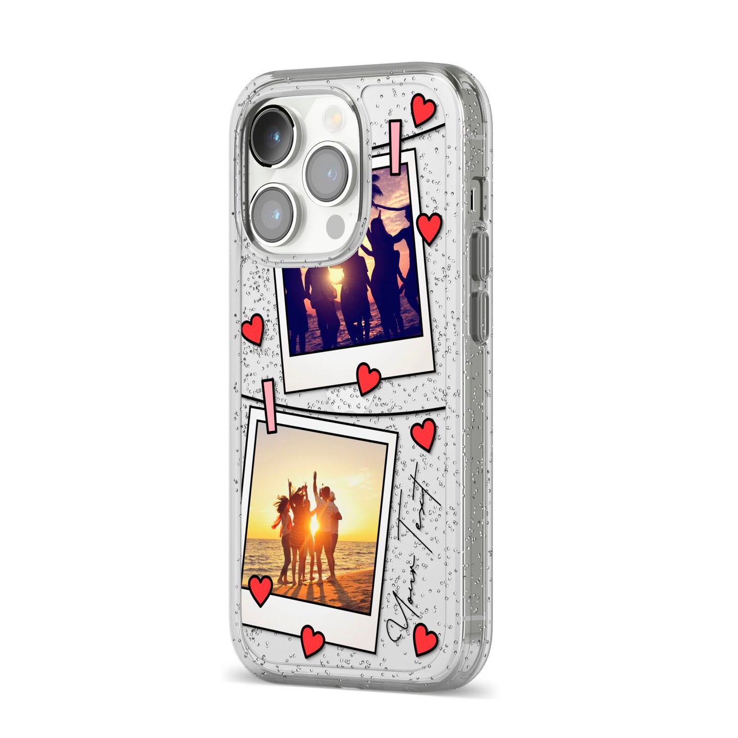 Hearts Photo Montage Upload with Text iPhone 14 Pro Glitter Tough Case Silver Angled Image