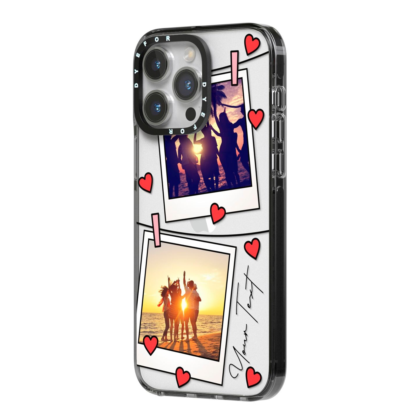 Hearts Photo Montage Upload with Text iPhone 14 Pro Max Black Impact Case Side Angle on Silver phone