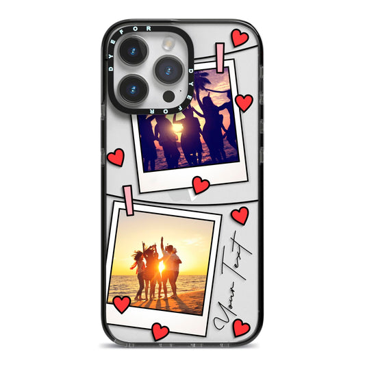 Hearts Photo Montage Upload with Text iPhone 14 Pro Max Black Impact Case on Silver phone