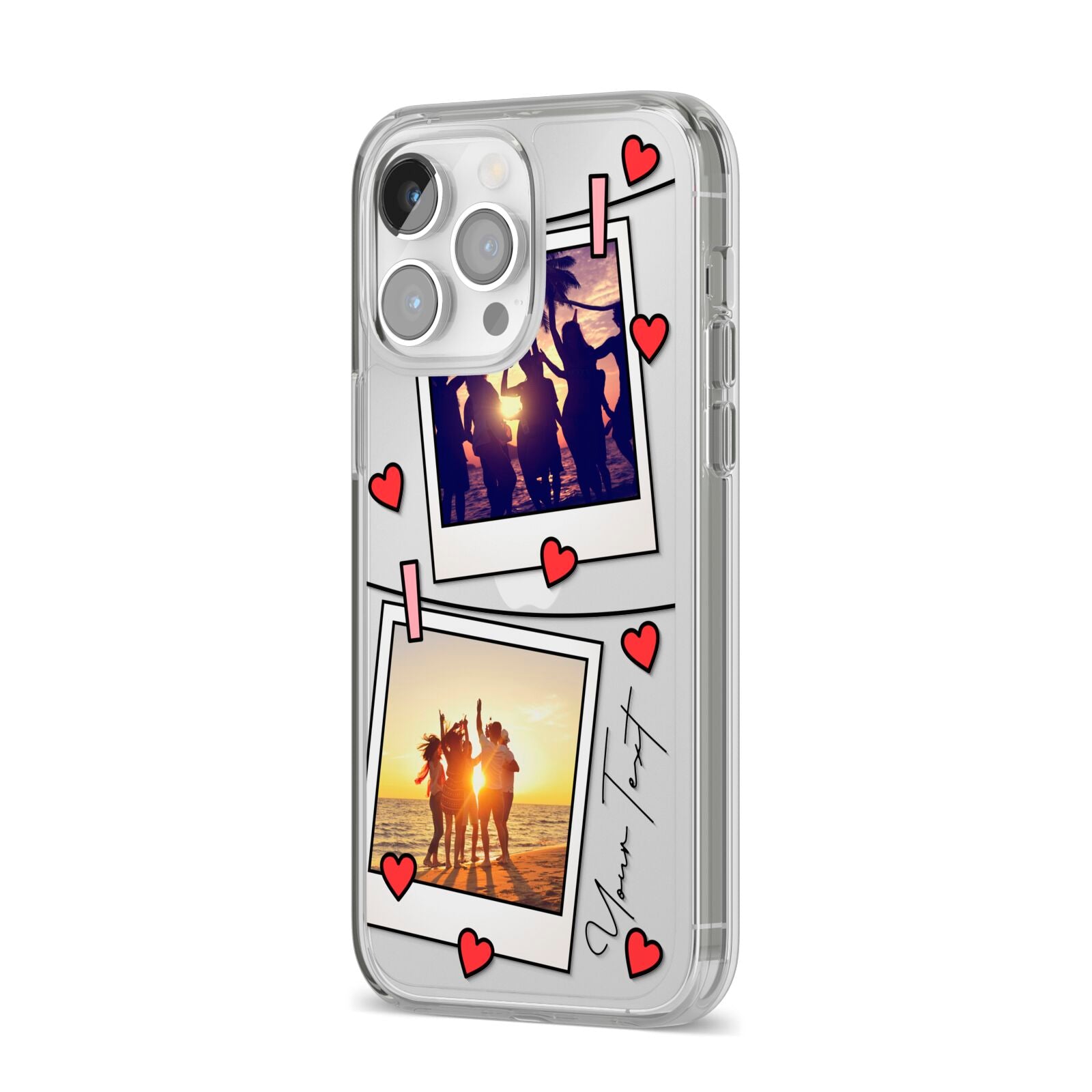 Hearts Photo Montage Upload with Text iPhone 14 Pro Max Clear Tough Case Silver Angled Image