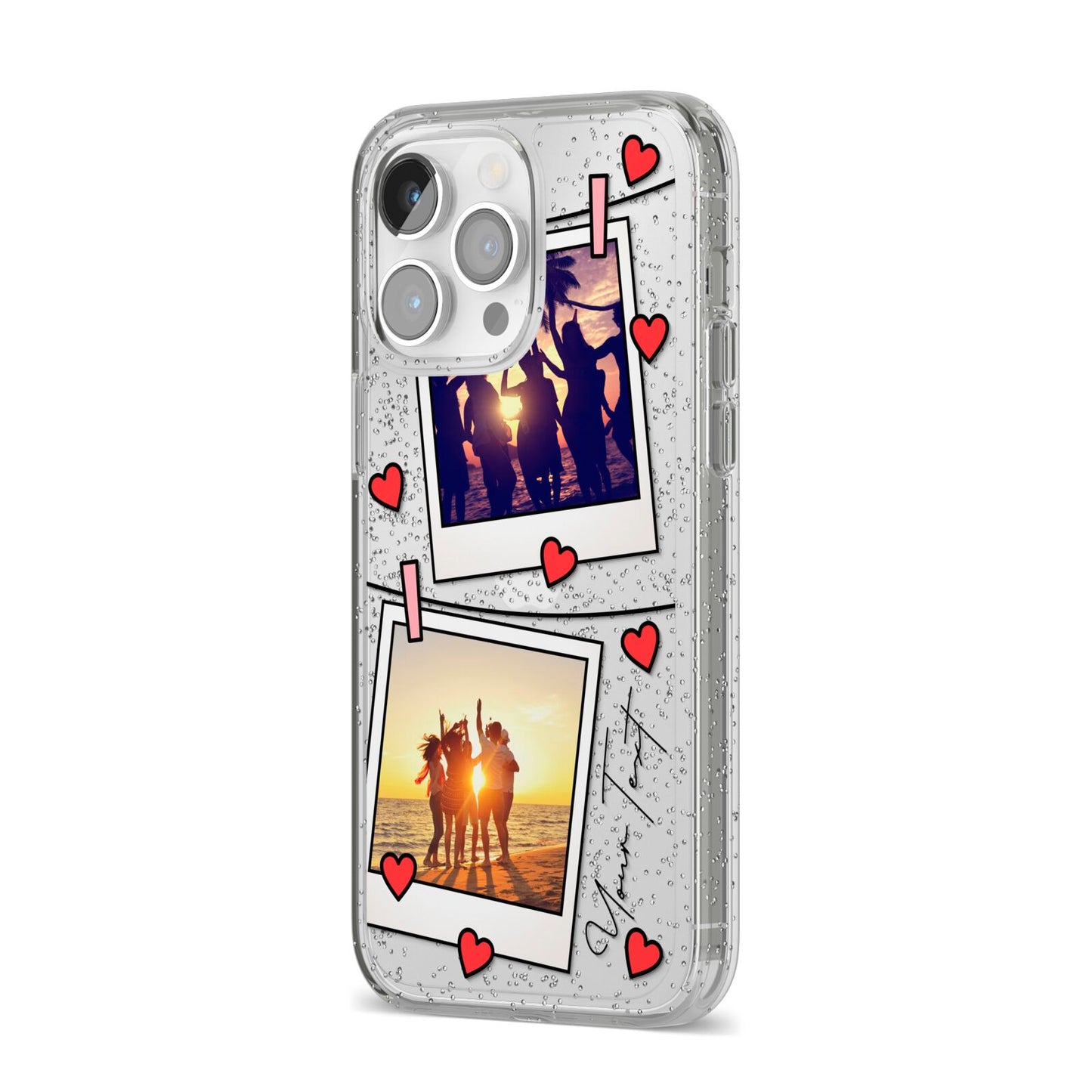 Hearts Photo Montage Upload with Text iPhone 14 Pro Max Glitter Tough Case Silver Angled Image
