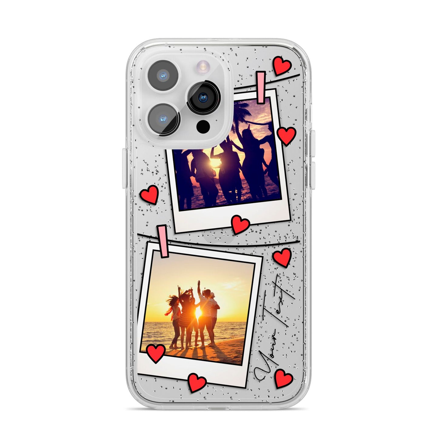 Hearts Photo Montage Upload with Text iPhone 14 Pro Max Glitter Tough Case Silver