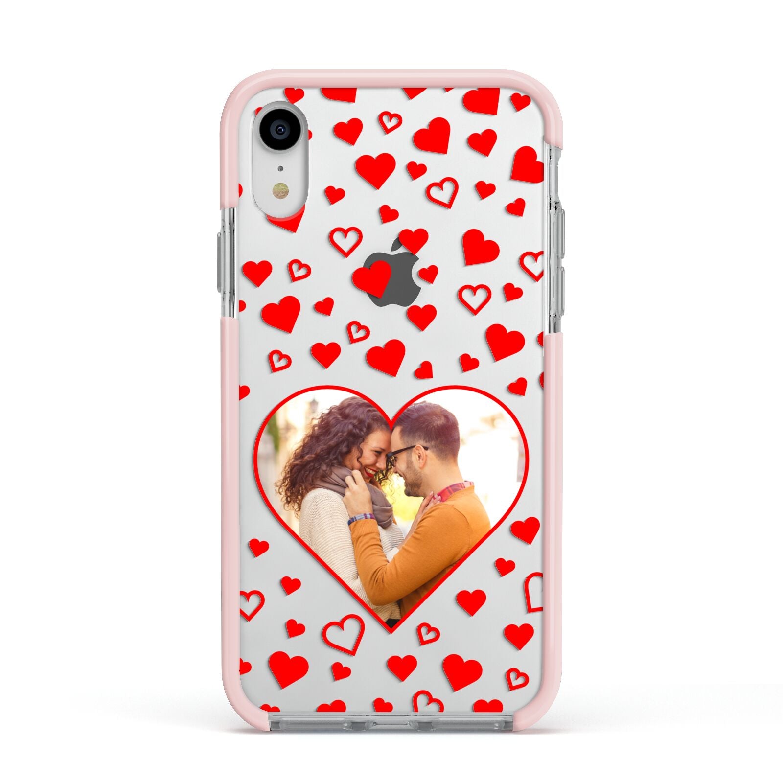 Hearts with Photo Apple iPhone XR Impact Case Pink Edge on Silver Phone