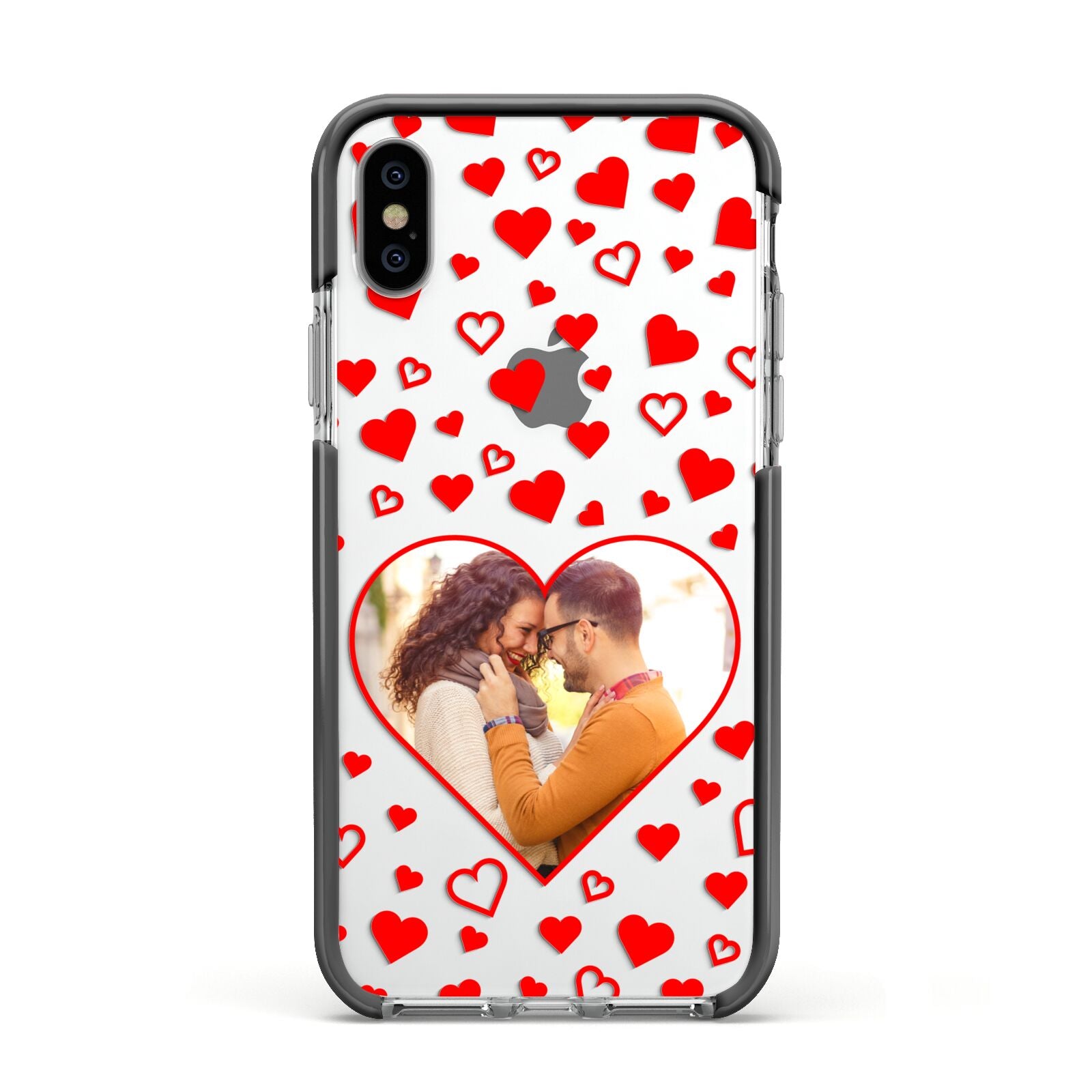 Hearts with Photo Apple iPhone Xs Impact Case Black Edge on Silver Phone