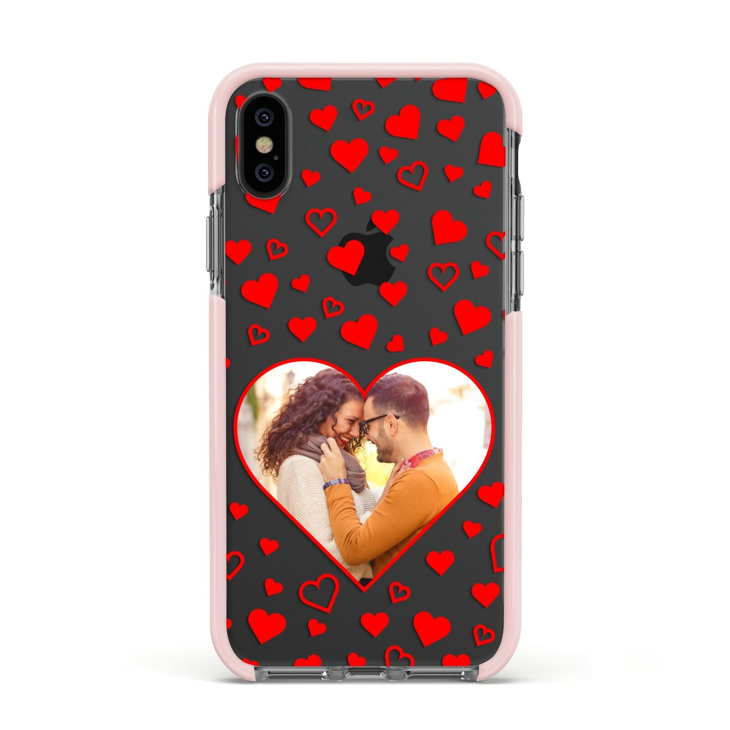 Hearts with Photo Apple iPhone Xs Impact Case Pink Edge on Black Phone