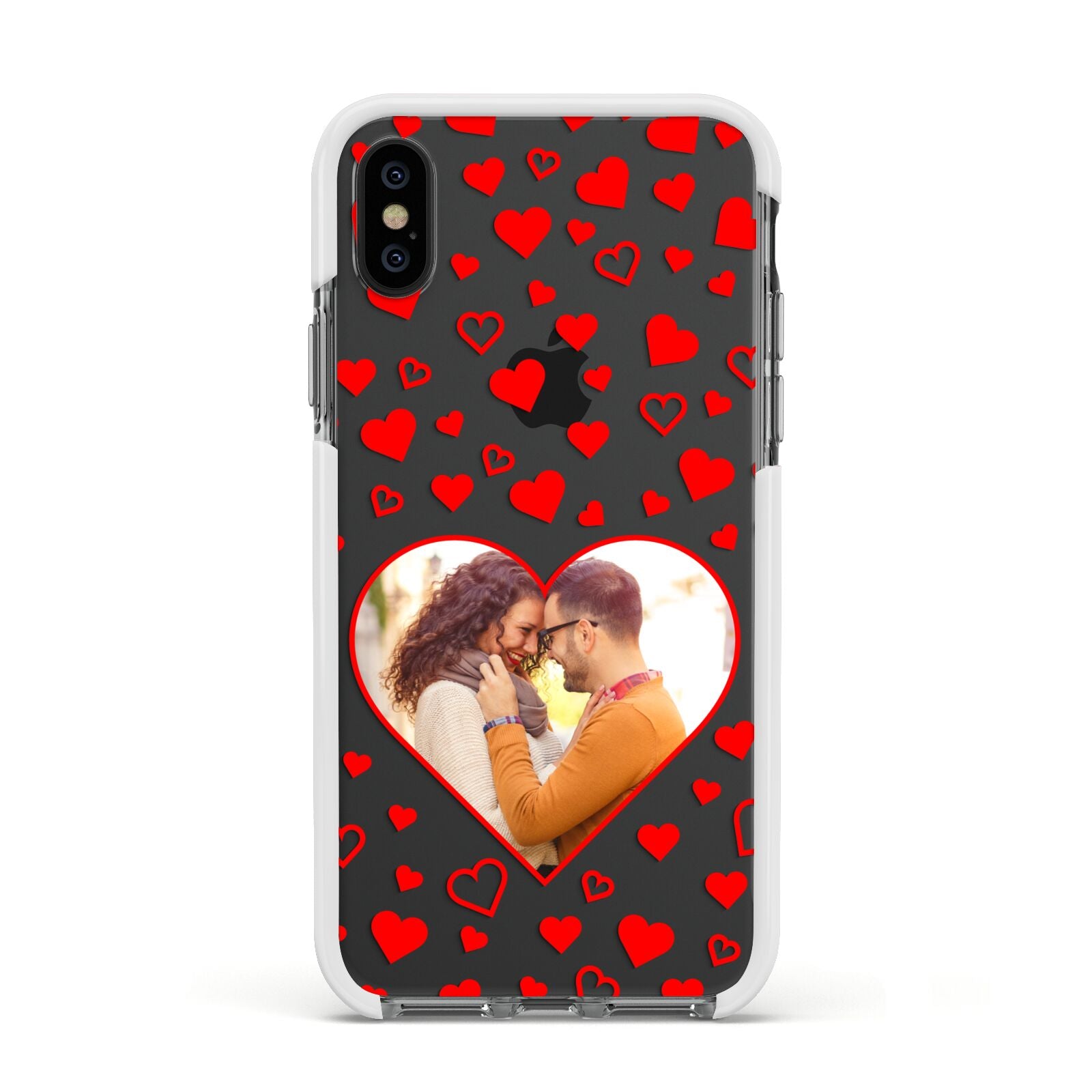 Hearts with Photo Apple iPhone Xs Impact Case White Edge on Black Phone