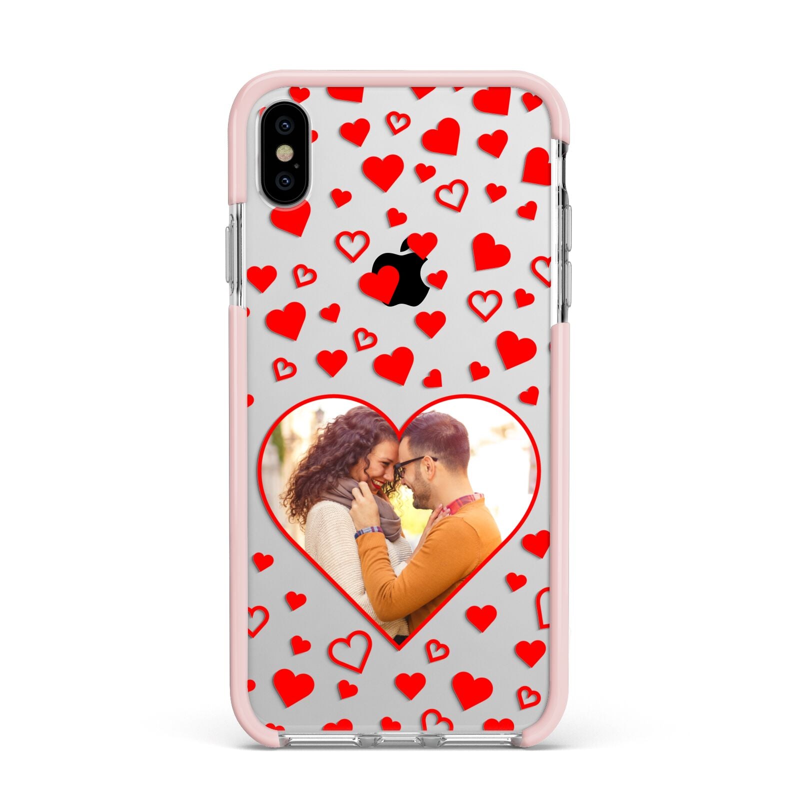 Hearts with Photo Apple iPhone Xs Max Impact Case Pink Edge on Silver Phone