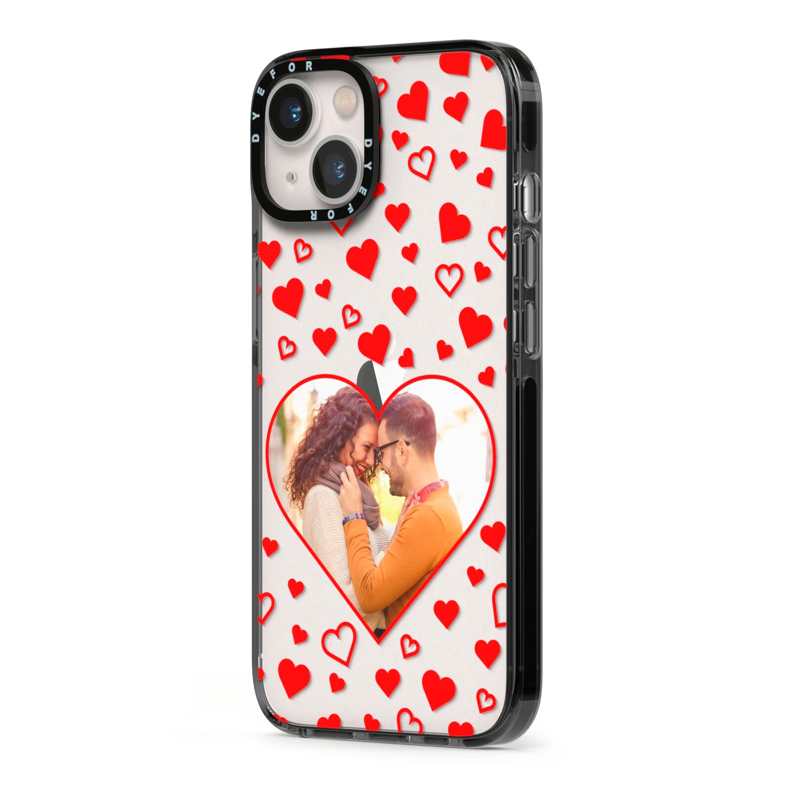 Hearts with Photo iPhone 13 Black Impact Case Side Angle on Silver phone