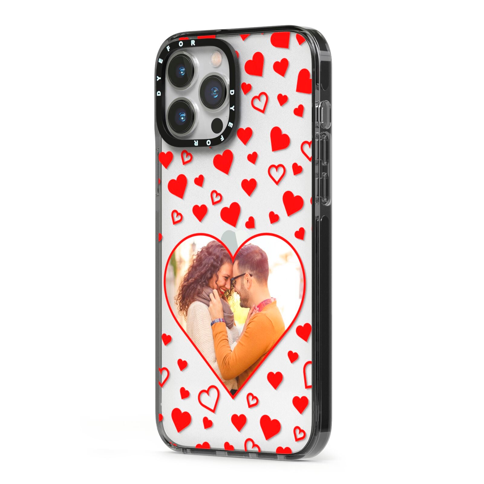 Hearts with Photo iPhone 13 Pro Max Black Impact Case Side Angle on Silver phone