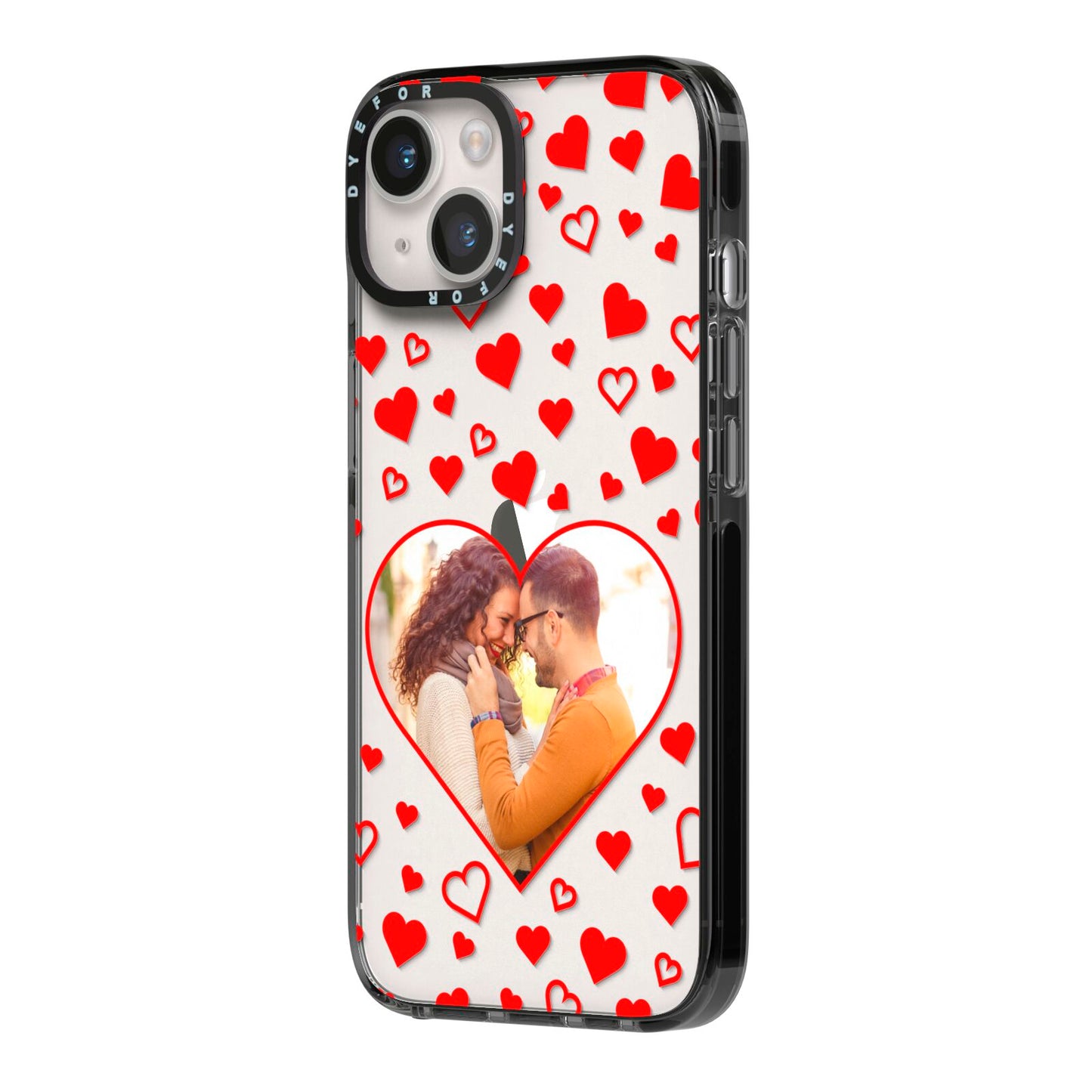 Hearts with Photo iPhone 14 Black Impact Case Side Angle on Silver phone