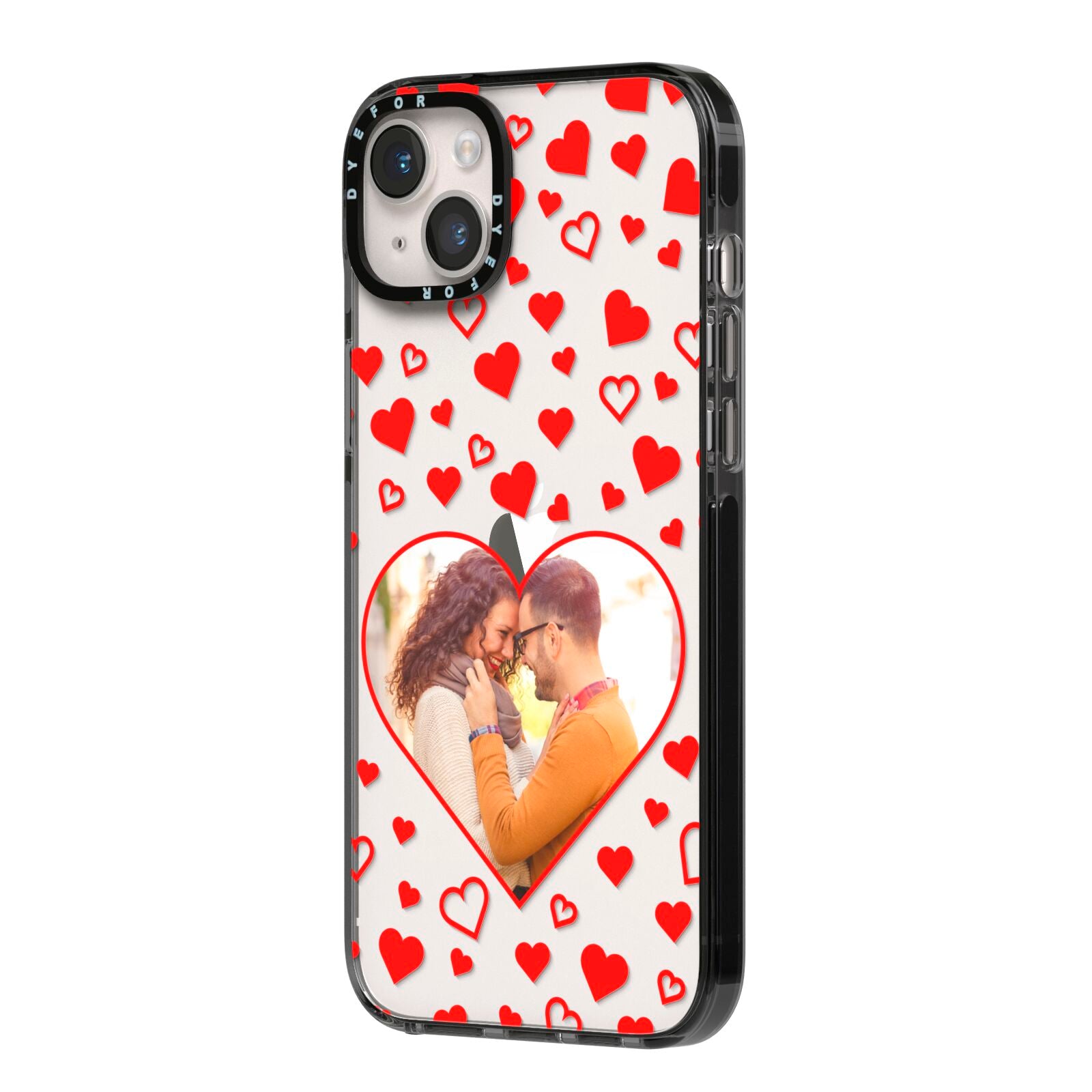 Hearts with Photo iPhone 14 Plus Black Impact Case Side Angle on Silver phone