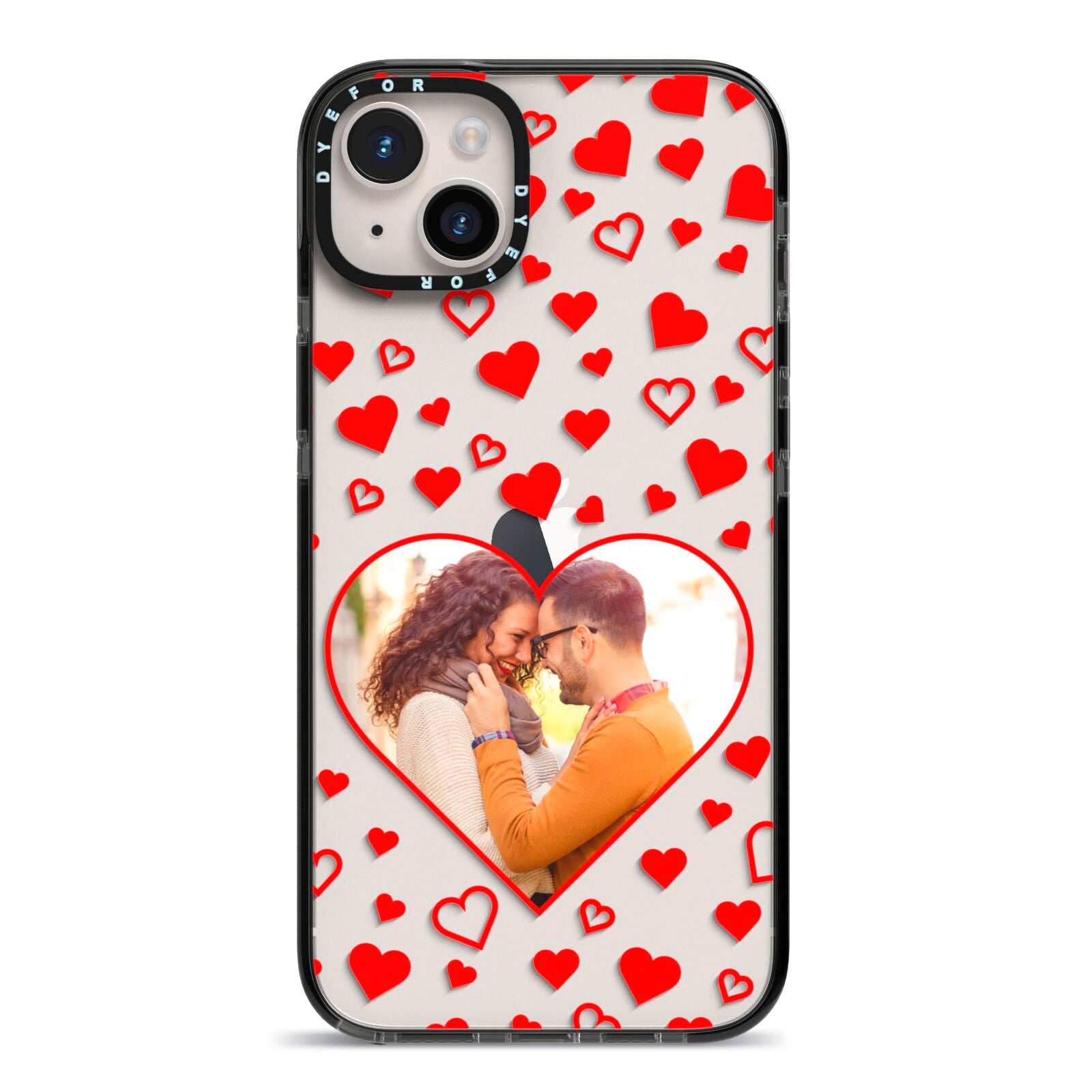 Hearts with Photo iPhone 14 Plus Black Impact Case on Silver phone