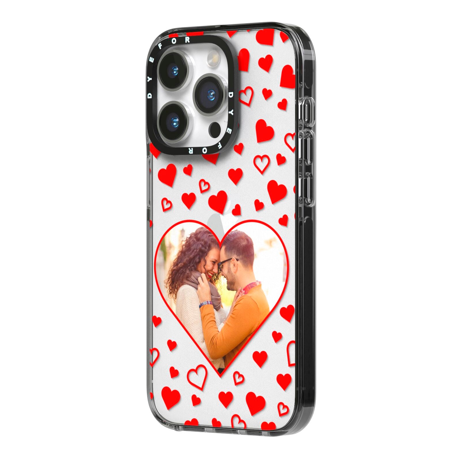 Hearts with Photo iPhone 14 Pro Black Impact Case Side Angle on Silver phone