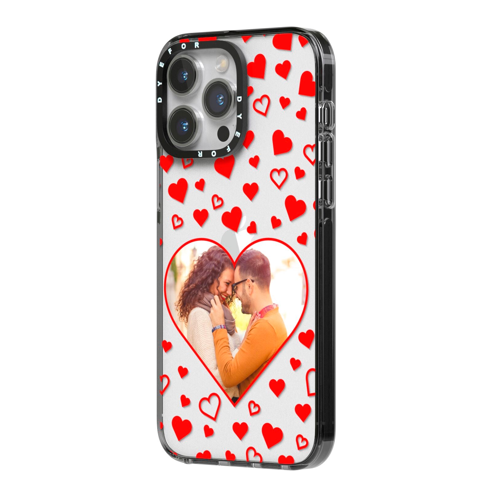 Hearts with Photo iPhone 14 Pro Max Black Impact Case Side Angle on Silver phone