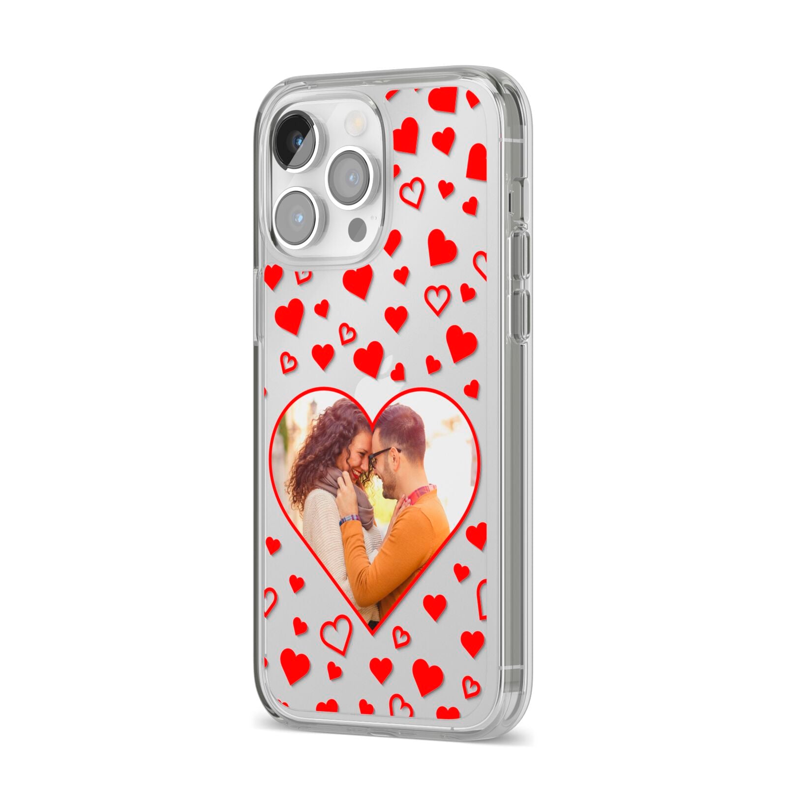 Hearts with Photo iPhone 14 Pro Max Clear Tough Case Silver Angled Image