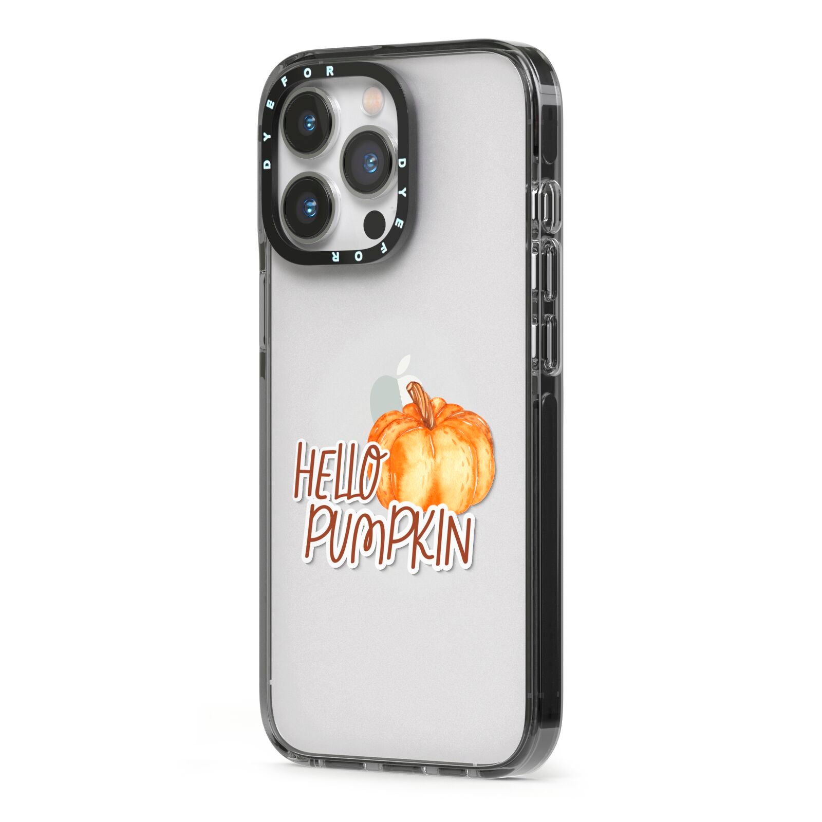 Hello Pumpkin iPhone 13 Pro Black Impact Case Side Angle on Silver phone
