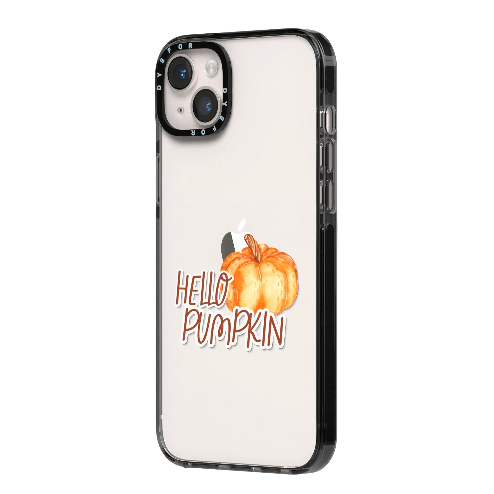 Hello Pumpkin iPhone 14 Plus Black Impact Case Side Angle on Silver phone