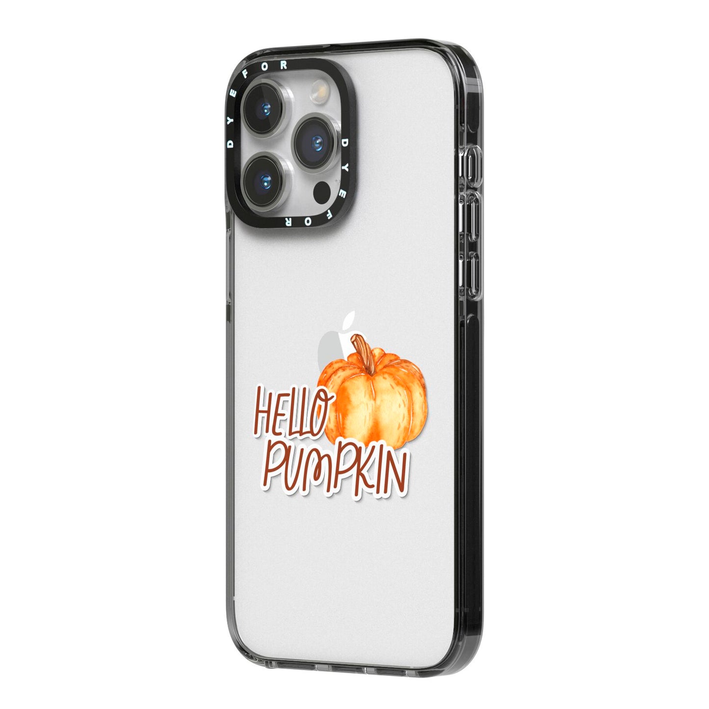 Hello Pumpkin iPhone 14 Pro Max Black Impact Case Side Angle on Silver phone