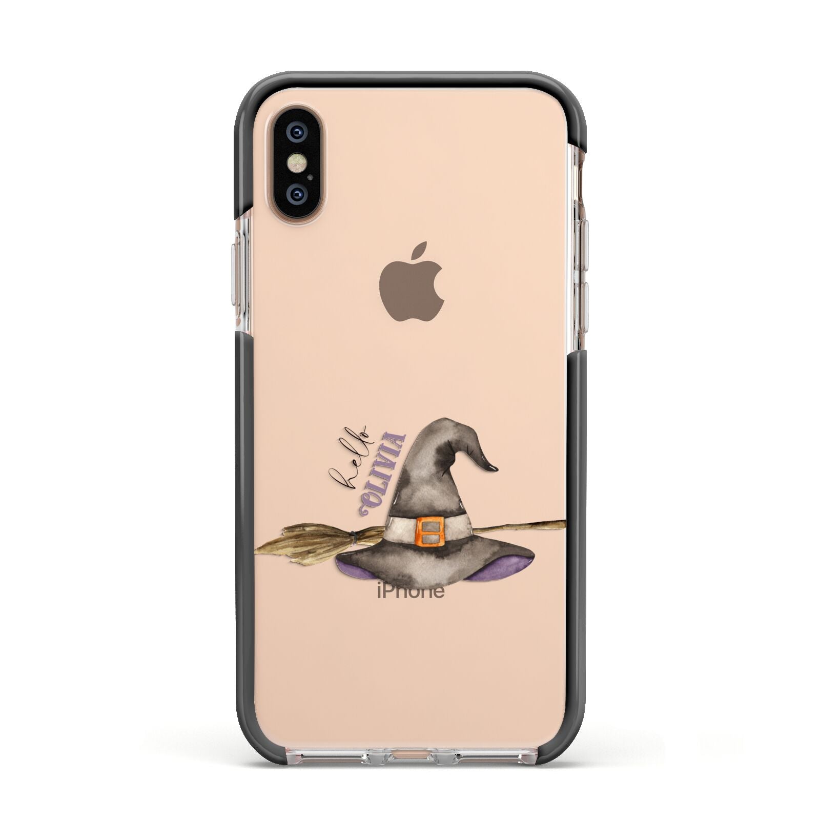 Hello Witch Hat Personalised Apple iPhone Xs Impact Case Black Edge on Gold Phone