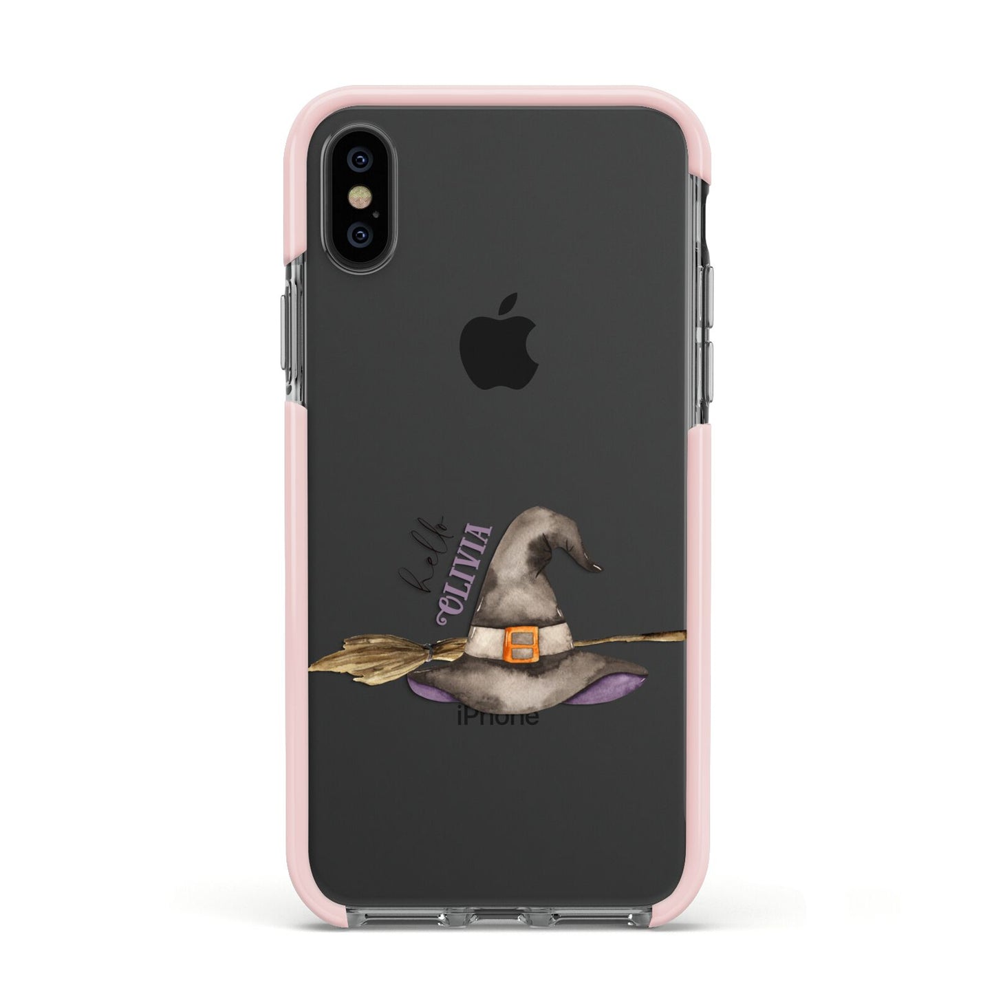 Hello Witch Hat Personalised Apple iPhone Xs Impact Case Pink Edge on Black Phone