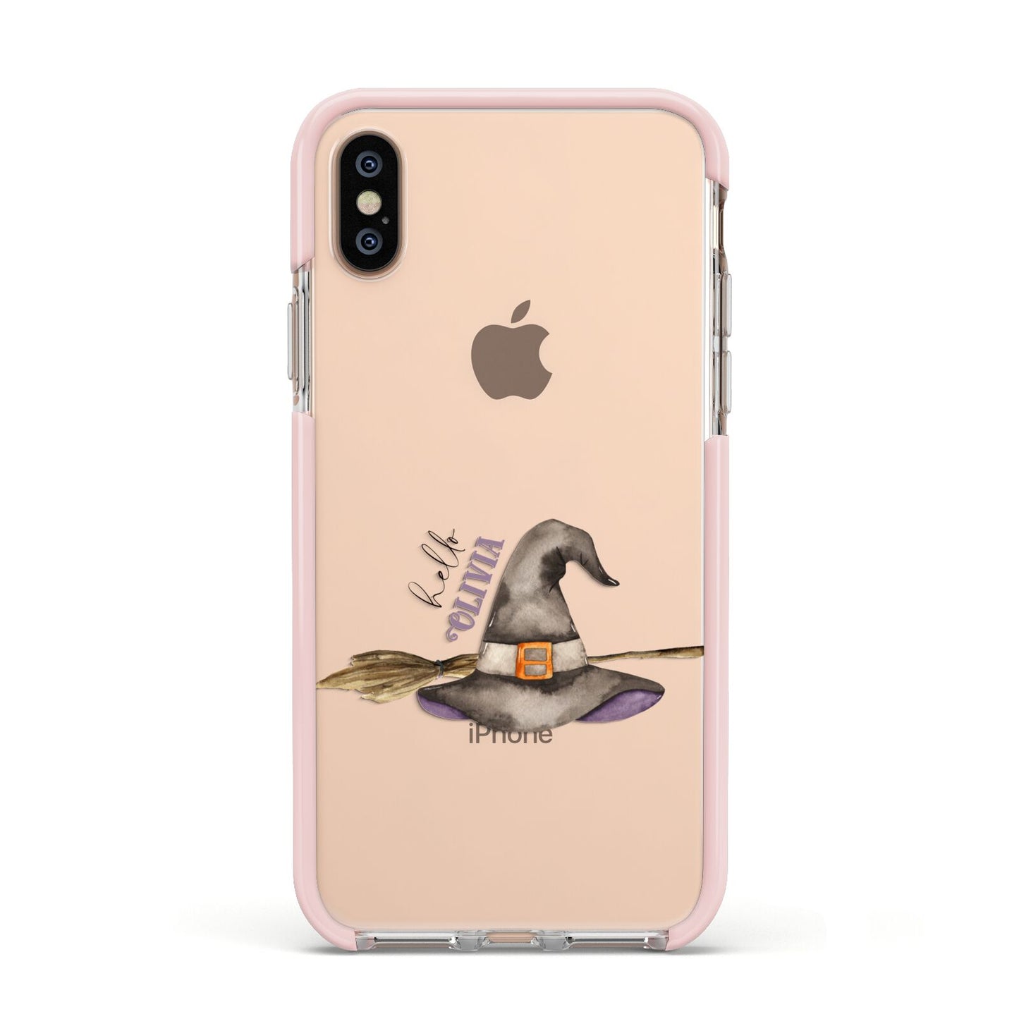 Hello Witch Hat Personalised Apple iPhone Xs Impact Case Pink Edge on Gold Phone