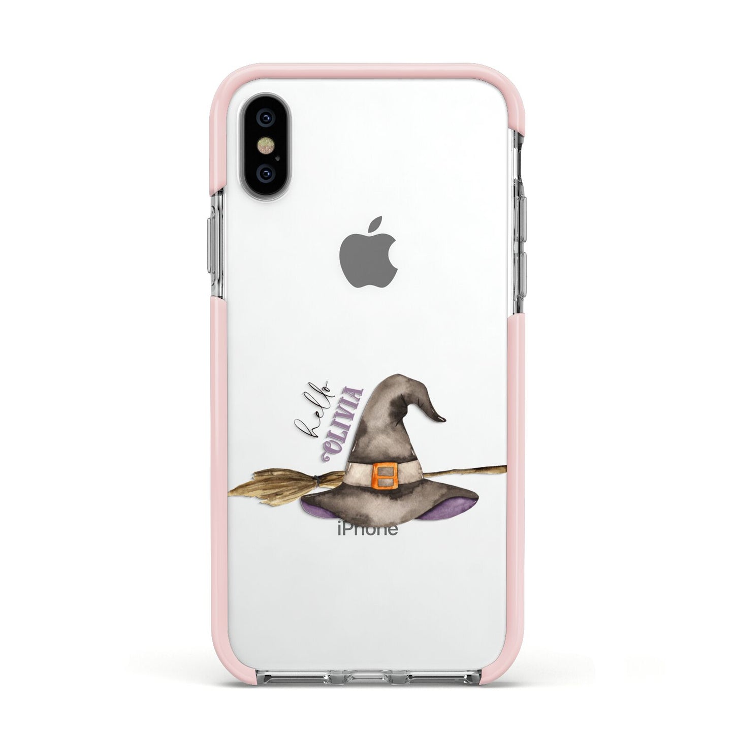 Hello Witch Hat Personalised Apple iPhone Xs Impact Case Pink Edge on Silver Phone