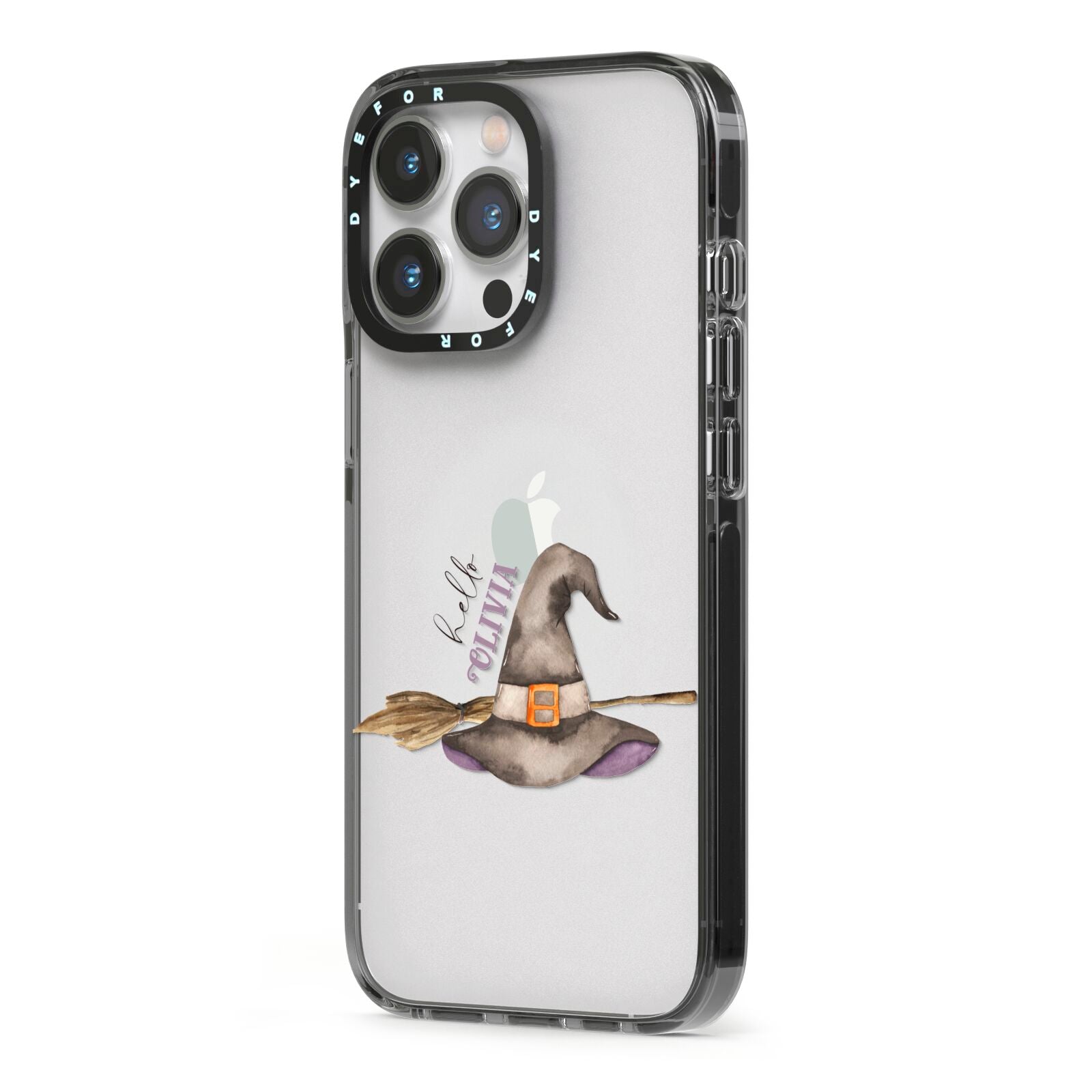 Hello Witch Hat Personalised iPhone 13 Pro Black Impact Case Side Angle on Silver phone