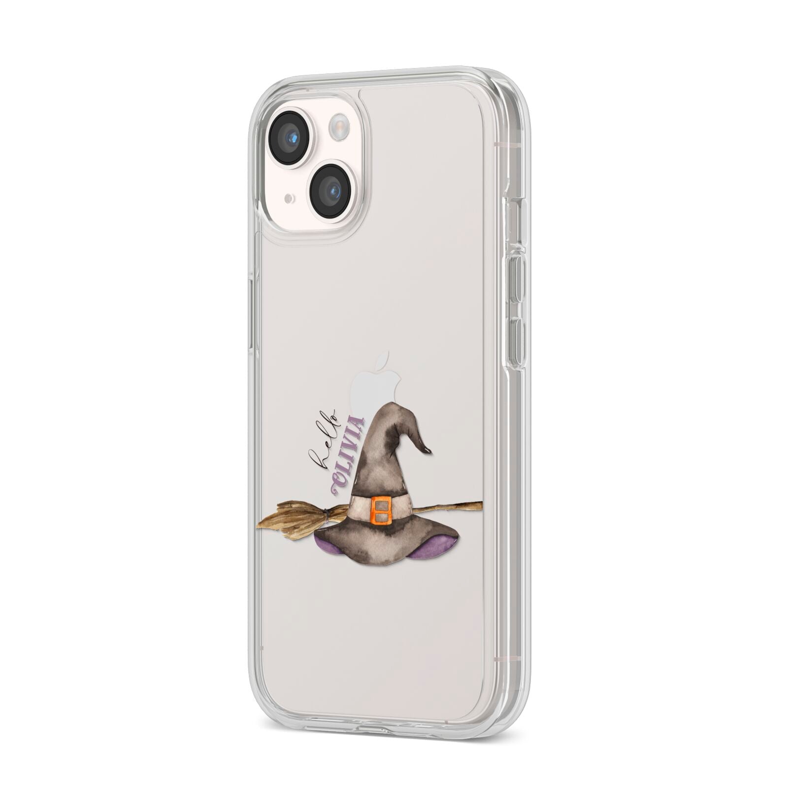 Hello Witch Hat Personalised iPhone 14 Clear Tough Case Starlight Angled Image