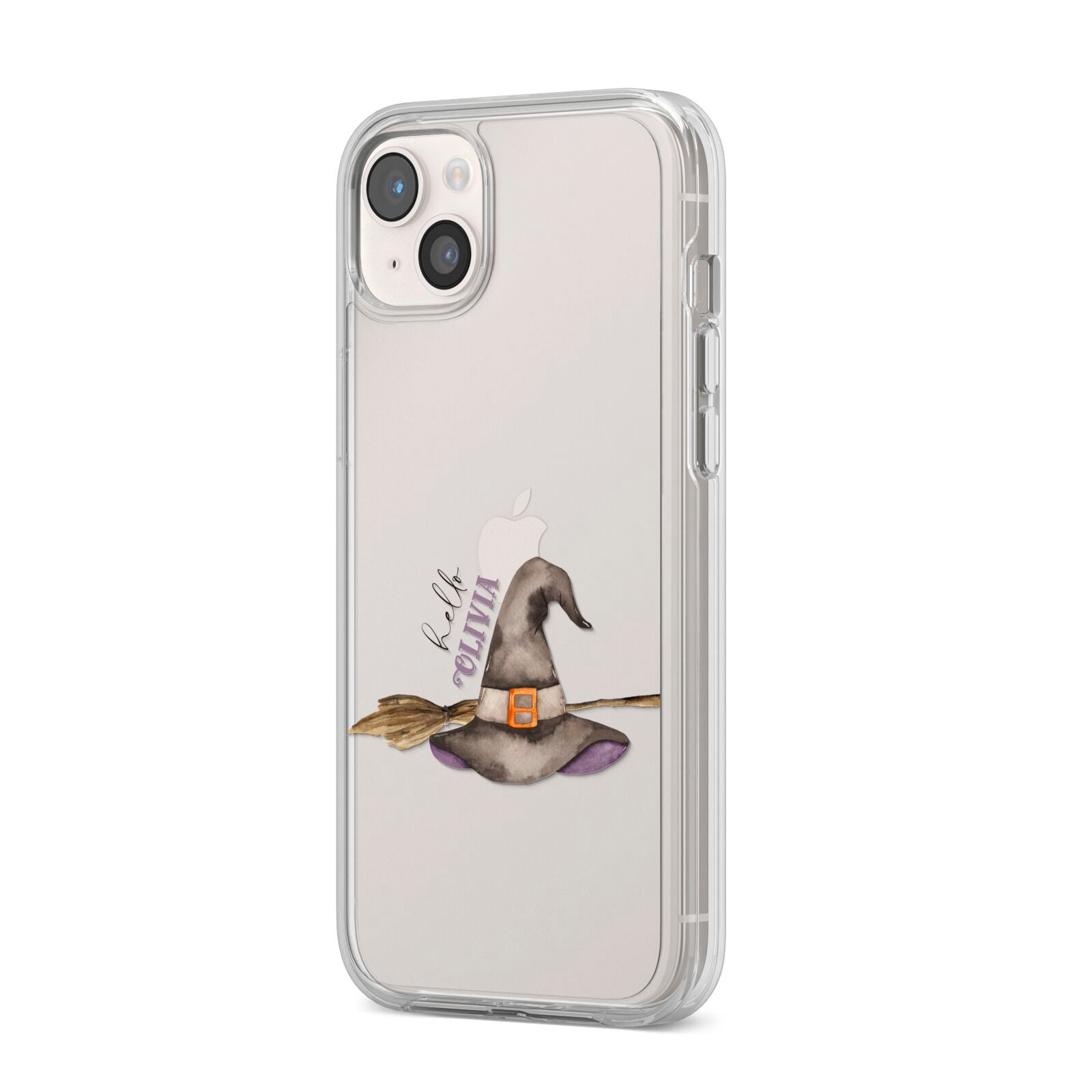 Hello Witch Hat Personalised iPhone 14 Plus Clear Tough Case Starlight Angled Image