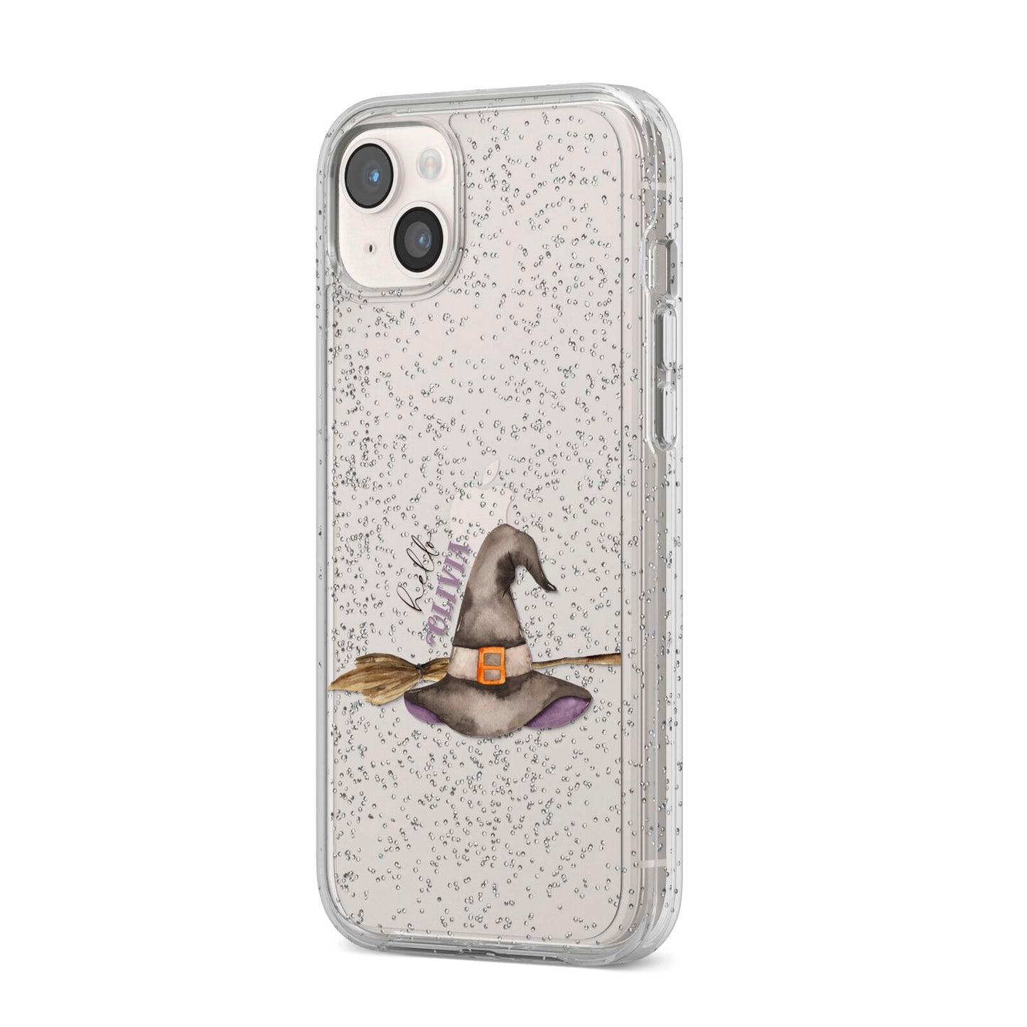 Hello Witch Hat Personalised iPhone 14 Plus Glitter Tough Case Starlight Angled Image