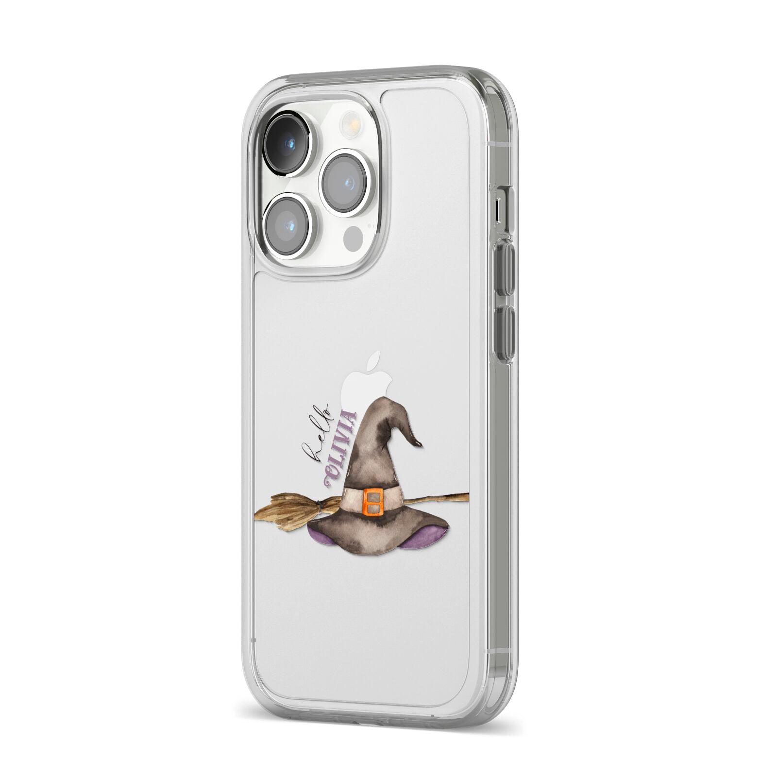 Hello Witch Hat Personalised iPhone 14 Pro Clear Tough Case Silver Angled Image